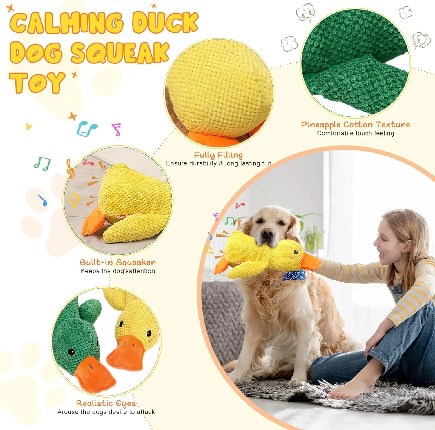 9in Durable Duck Dog Toy for Puppies and Adult Dogs, Calming Chew Toy for Indoor Play, Yellow Interactive Dog Toy for Teething, Tugging, Fetching, and Stress Relief for All Breeds