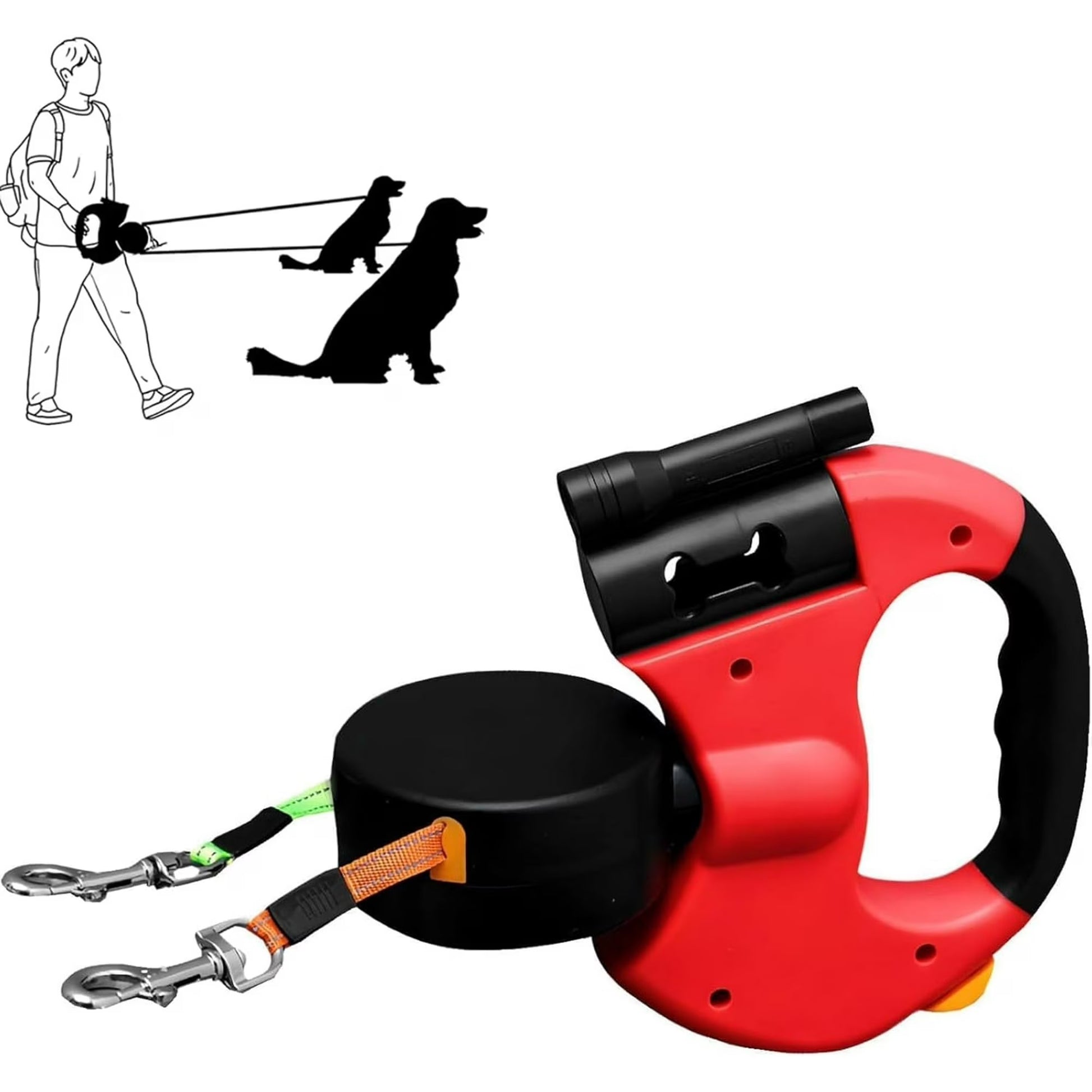 Dual Retractable Dog Leash for Two Dogs, Hands-Free Walking Accessory with Built-In Flashlight and Poop Bag Holder, 360° Rotating Double Pet Leash for Small, Medium, and Large Dogs