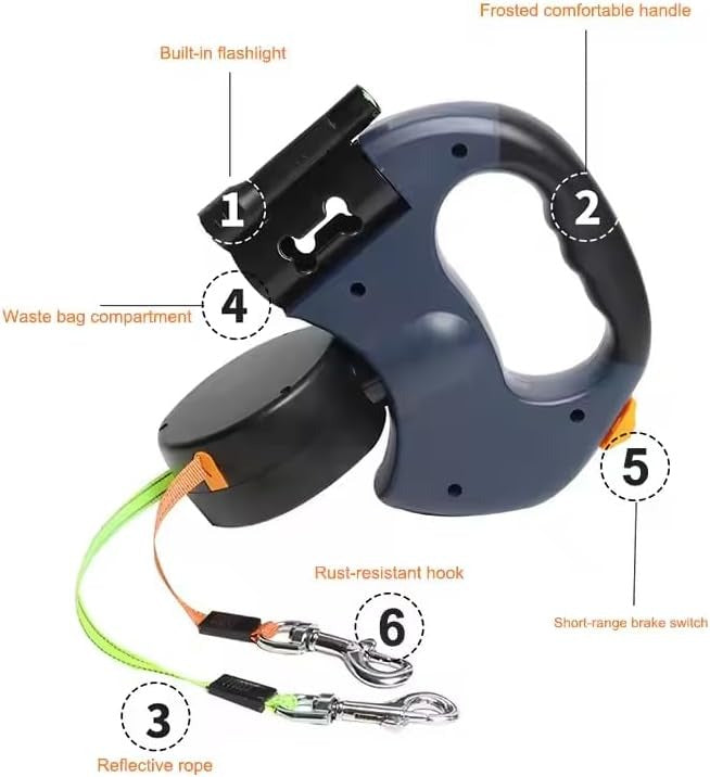Dual Retractable Dog Leash for Two Dogs, Hands-Free Walking Accessory with Built-In Flashlight and Poop Bag Holder, 360° Rotating Double Pet Leash for Small, Medium, and Large Dogs