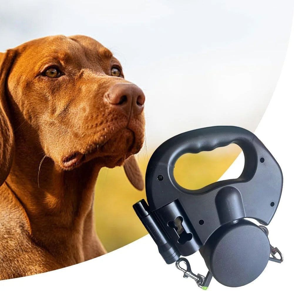 Dual Retractable Dog Leash for Two Dogs, Hands-Free Walking Accessory with Built-In Flashlight and Poop Bag Holder, 360° Rotating Double Pet Leash for Small, Medium, and Large Dogs