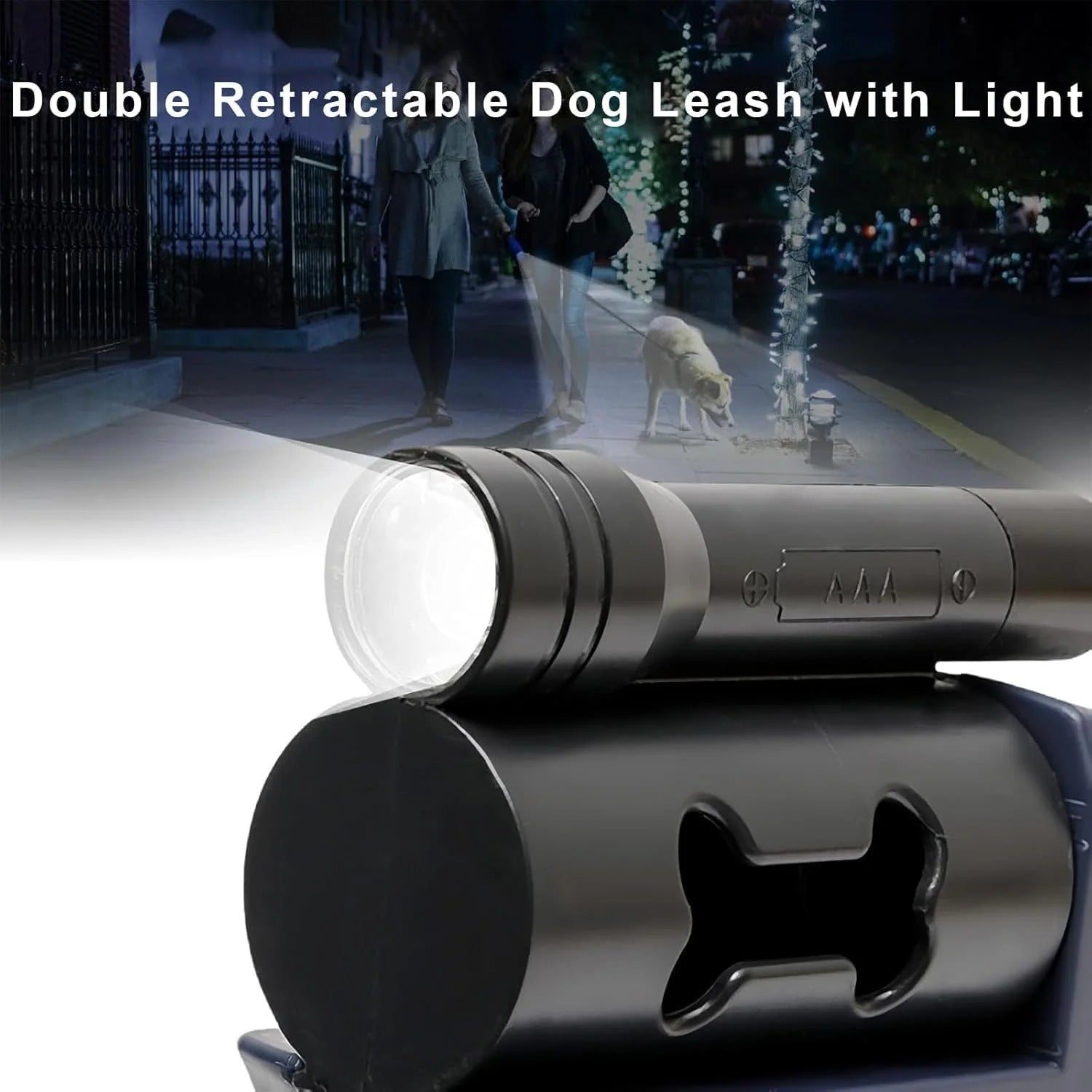 Dual Retractable Dog Leash for Two Dogs, Hands-Free Walking Accessory with Built-In Flashlight and Poop Bag Holder, 360° Rotating Double Pet Leash for Small, Medium, and Large Dogs