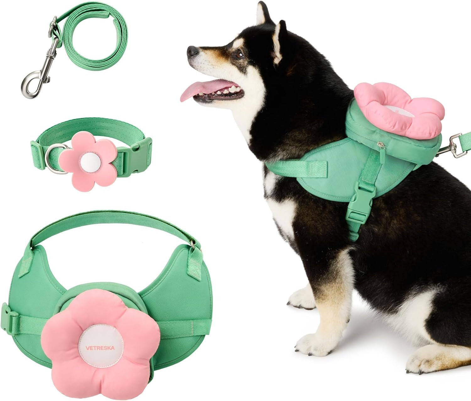 Dog Harness, Leash, and Collar Set with Flower Backpack, Poop Bag Dispenser and 105 Lavender-Scented Waste Bags, Adjustable Pet Walking Gear for Small to Large Dogs
