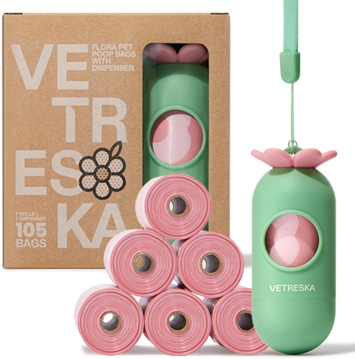 Dog Harness, Leash, and Collar Set with Flower Backpack, Poop Bag Dispenser and 105 Lavender-Scented Waste Bags, Adjustable Pet Walking Gear for Small to Large Dogs