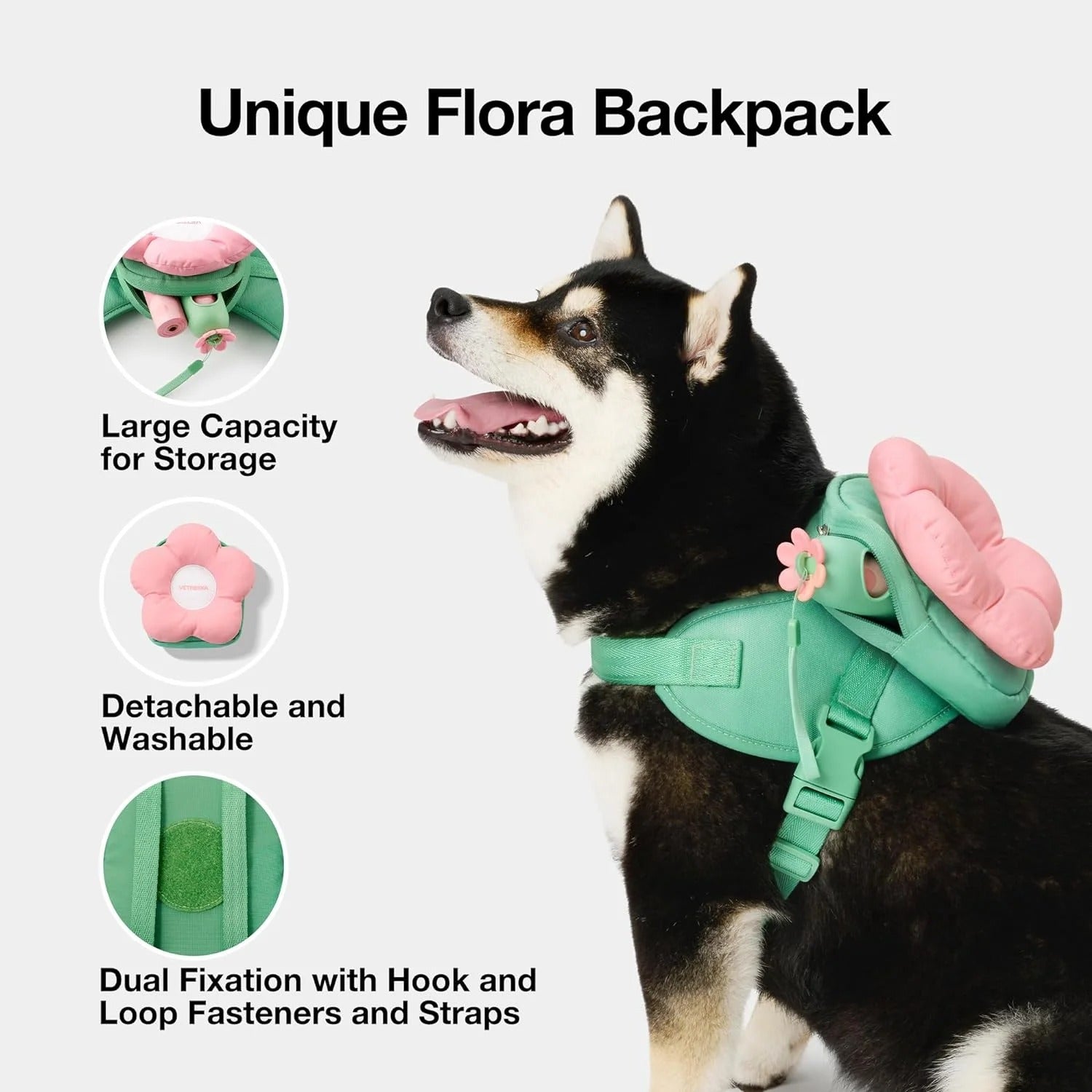 Dog Harness, Leash, and Collar Set with Flower Backpack, Poop Bag Dispenser and 105 Lavender-Scented Waste Bags, Adjustable Pet Walking Gear for Small to Large Dogs