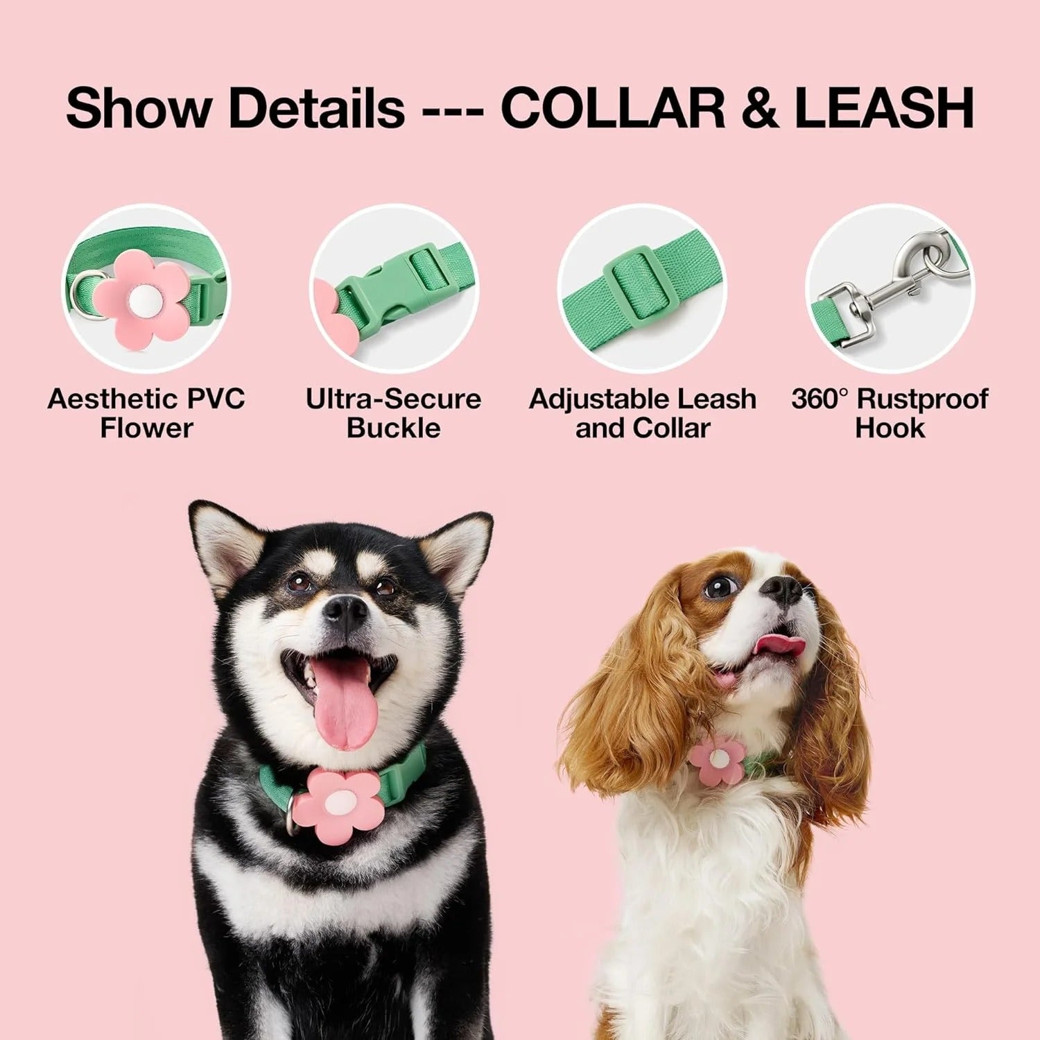 Dog Harness, Leash, and Collar Set with Flower Backpack, Poop Bag Dispenser and 105 Lavender-Scented Waste Bags, Adjustable Pet Walking Gear for Small to Large Dogs