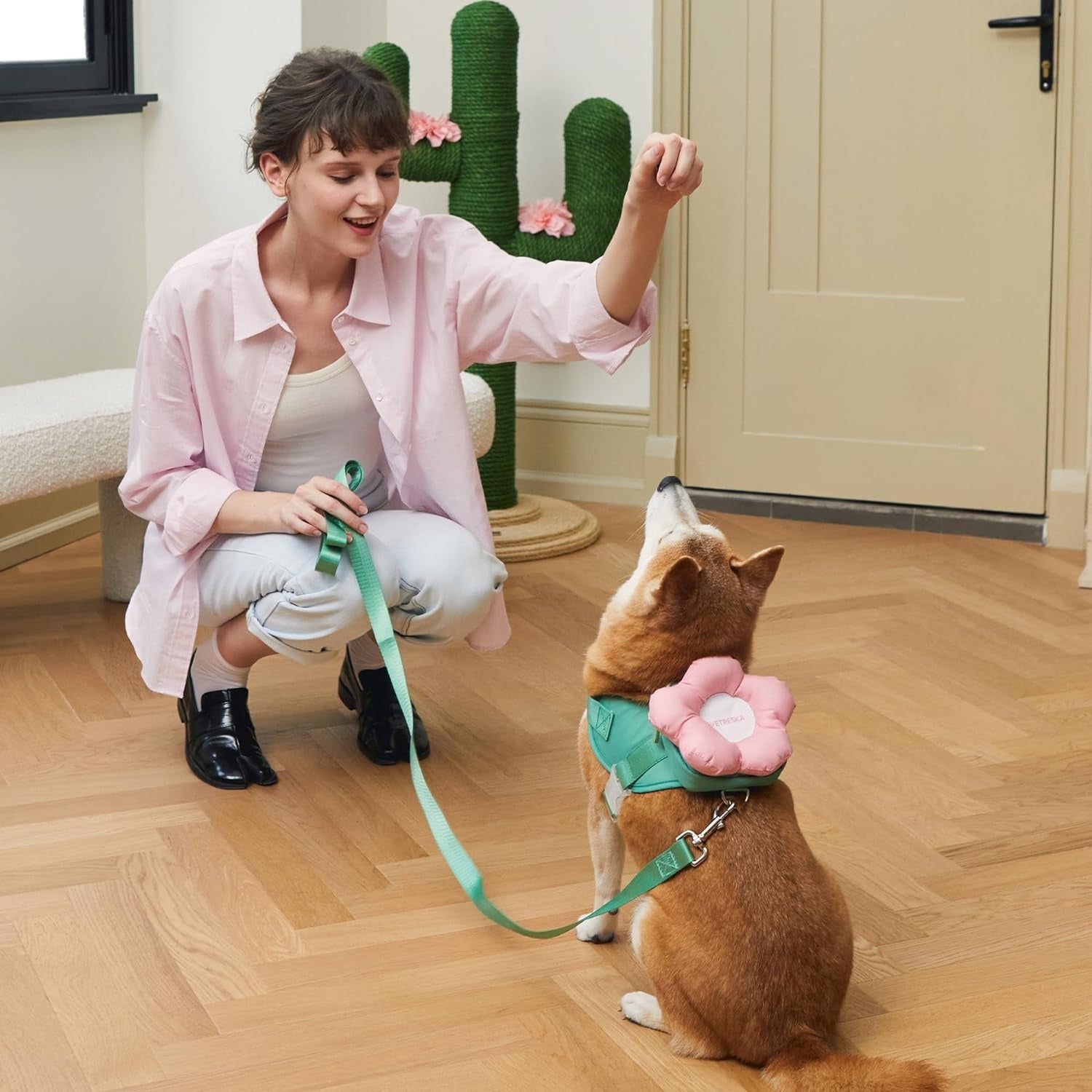 Dog Harness, Leash, and Collar Set with Flower Backpack, Poop Bag Dispenser and 105 Lavender-Scented Waste Bags, Adjustable Pet Walking Gear for Small to Large Dogs