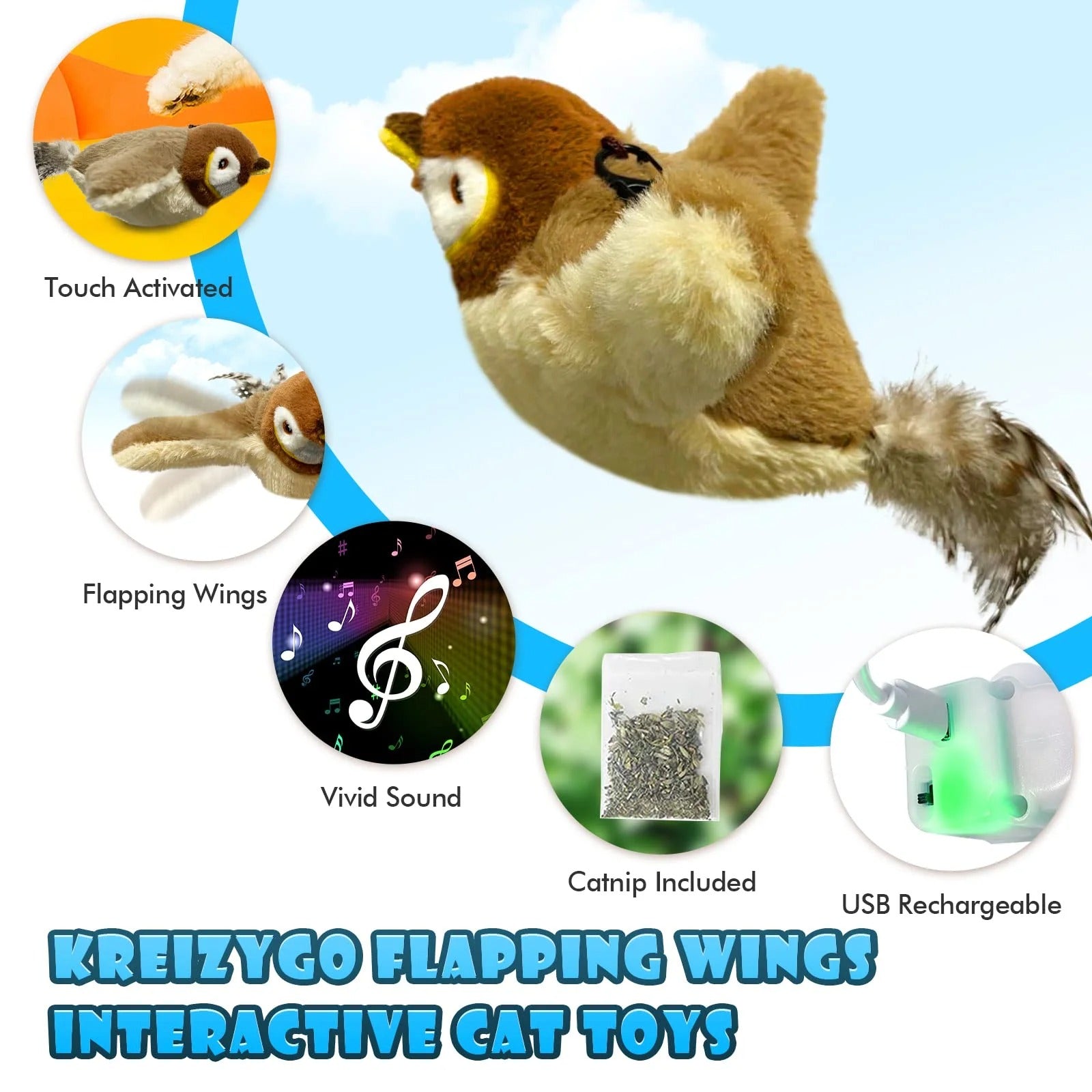 Interactive Flapping Bird Cat Toy Rechargeable Touch-Activated Kicker Catnip Play Toy for Kittens and Cats Realistic Wing Movement Exercise and Hunting Simulation Indoor Fun
