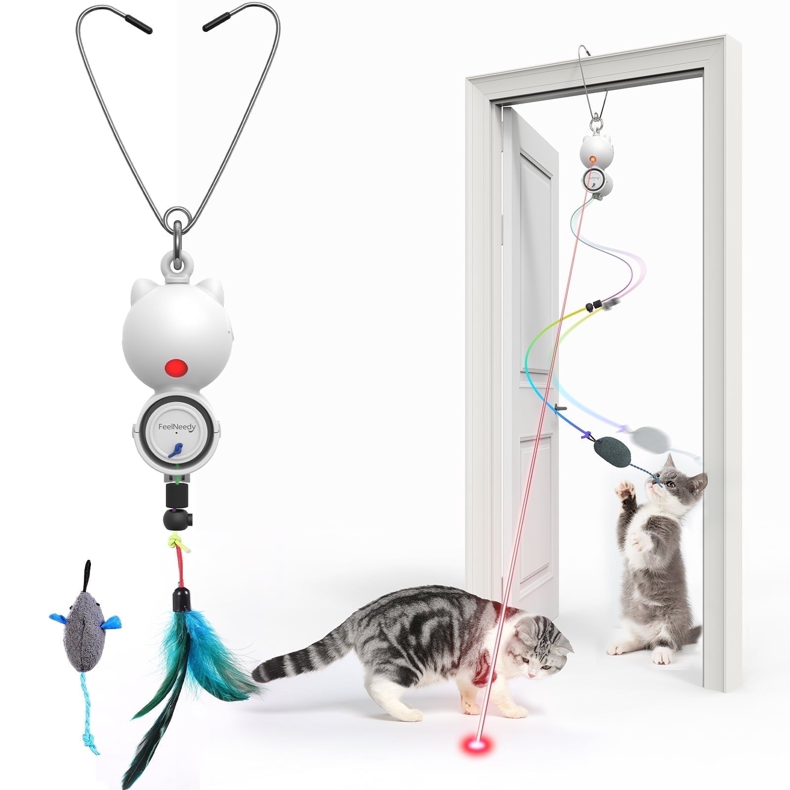 Interactive 2-in-1 Automatic Laser and Feather Cat Toy for Indoor Cats USB Rechargeable Self-Play Kitten Teaser Hanging Door Toy Stimulates Hunting and Exercise White