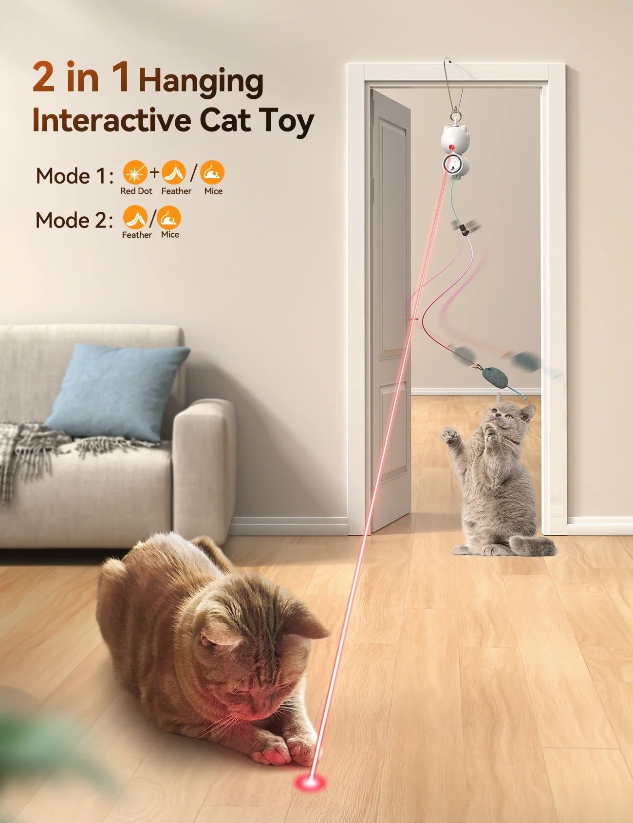 Interactive 2-in-1 Automatic Laser and Feather Cat Toy for Indoor Cats USB Rechargeable Self-Play Kitten Teaser Hanging Door Toy Stimulates Hunting and Exercise White