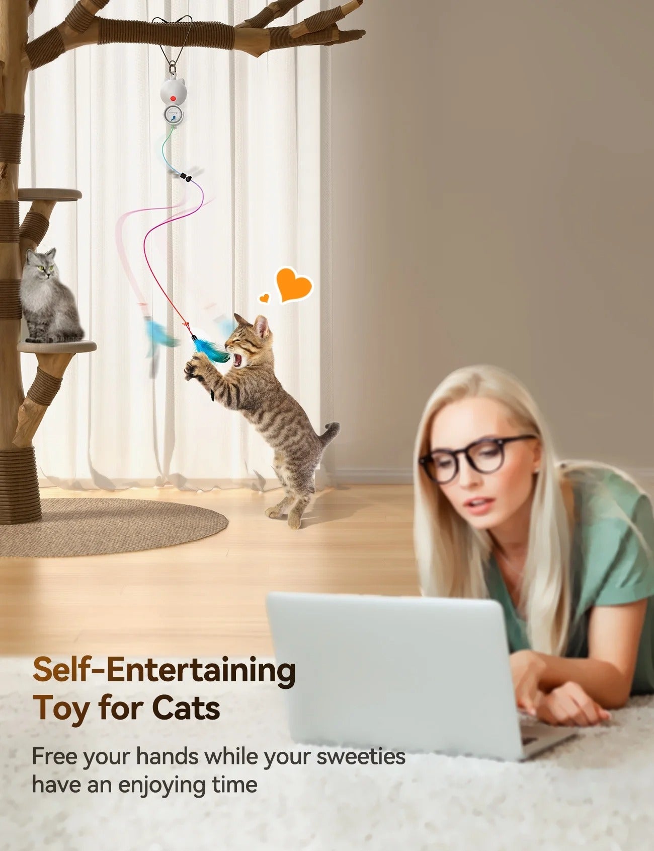 Interactive 2-in-1 Automatic Laser and Feather Cat Toy for Indoor Cats USB Rechargeable Self-Play Kitten Teaser Hanging Door Toy Stimulates Hunting and Exercise White