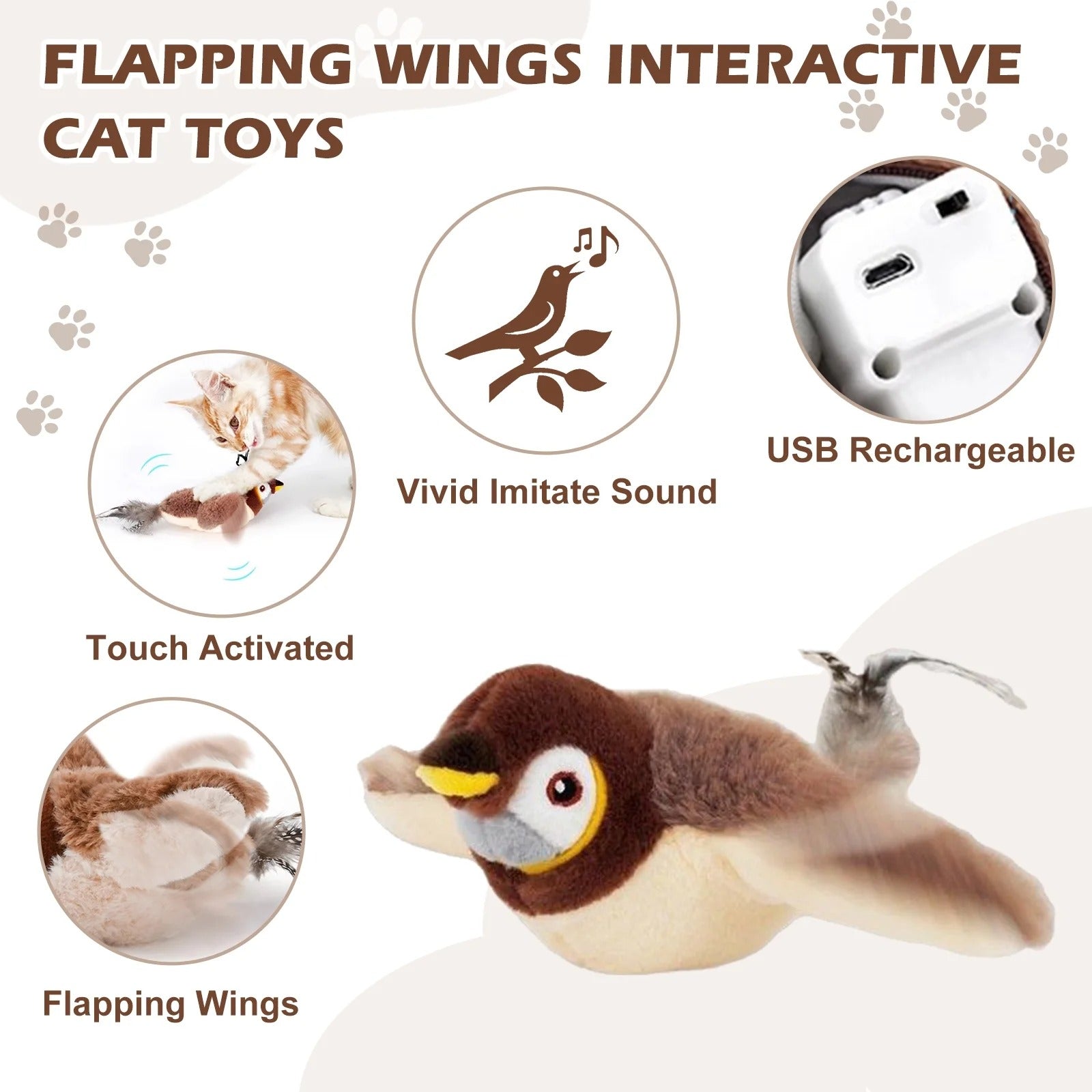 Interactive Flapping Chirping Bird Cat Toy for Indoor Cats Touch-Activated Automatic Rechargeable Kitten Toy with Catnip Engaging Hunting and Play Exercise