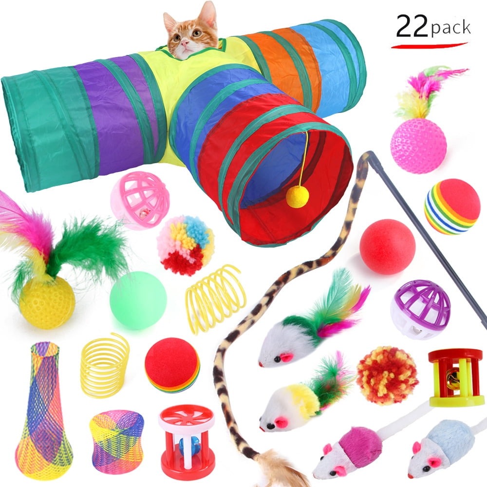 22PCS Interactive Cat Toys Set for Indoor Cats, Kitten Play Variety Pack with Collapsible Tunnel, Feather Wand Teasers, Bell Balls, Fluffy Mouse Toys and Spring Toys for Active Fun and Exercise
