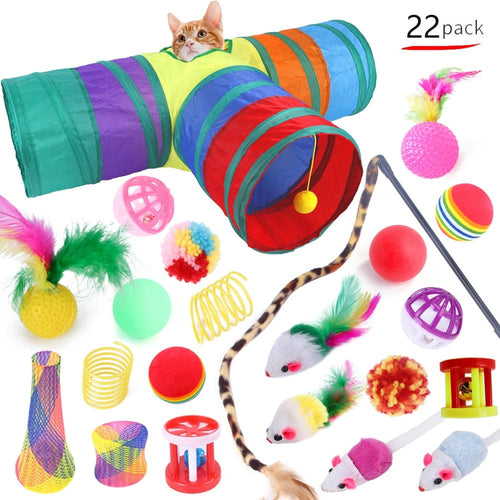 22PCS Interactive Cat Toys Set for Indoor Cats, Kitten Play Variety Pack with Collapsible Tunnel, Feather Wand Teasers, Bell Balls, Fluffy Mouse Toys and Spring Toys for Active Fun and Exercise