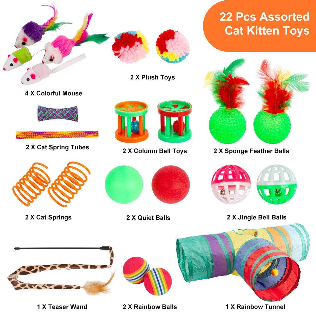 22PCS Interactive Cat Toys Set for Indoor Cats, Kitten Play Variety Pack with Collapsible Tunnel, Feather Wand Teasers, Bell Balls, Fluffy Mouse Toys and Spring Toys for Active Fun and Exercise