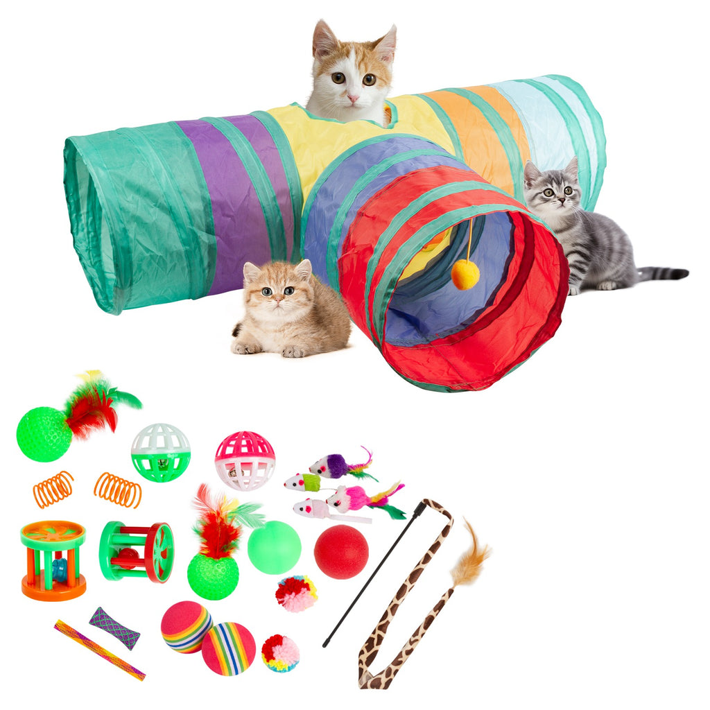 22PCS Interactive Cat Toys Set for Indoor Cats, Kitten Play Variety Pack with Collapsible Tunnel, Feather Wand Teasers, Bell Balls, Fluffy Mouse Toys and Spring Toys for Active Fun and Exercise
