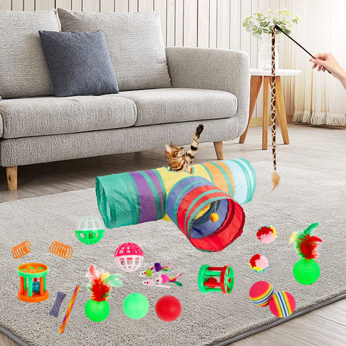 22PCS Interactive Cat Toys Set for Indoor Cats, Kitten Play Variety Pack with Collapsible Tunnel, Feather Wand Teasers, Bell Balls, Fluffy Mouse Toys and Spring Toys for Active Fun and Exercise