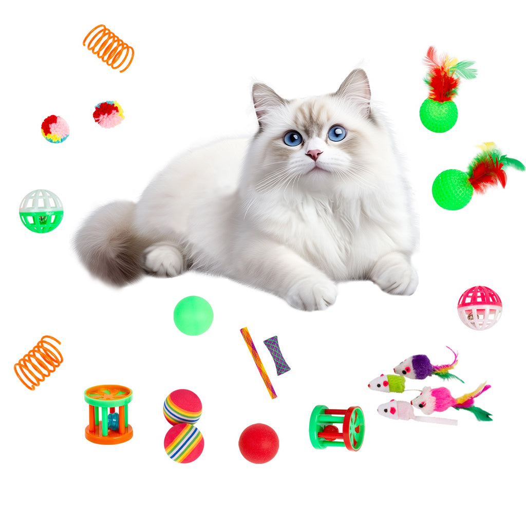 22PCS Interactive Cat Toys Set for Indoor Cats, Kitten Play Variety Pack with Collapsible Tunnel, Feather Wand Teasers, Bell Balls, Fluffy Mouse Toys and Spring Toys for Active Fun and Exercise