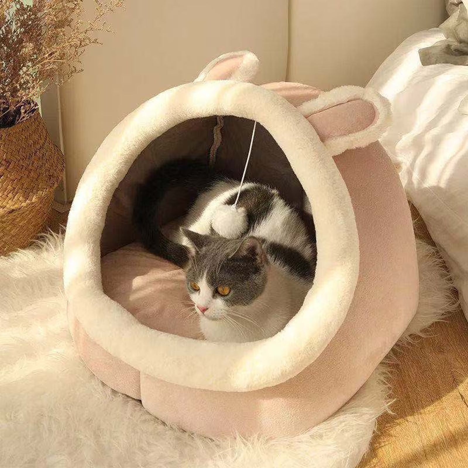 Cozy Cat Bed House for Indoor Cats, Plush Pet Cave Bed with Ears, Washable Cotton Cushion, Soft Winter Warm Sleeping Sofa for Kittens and Small Cats 15 x 14 x 13 Inch Pink