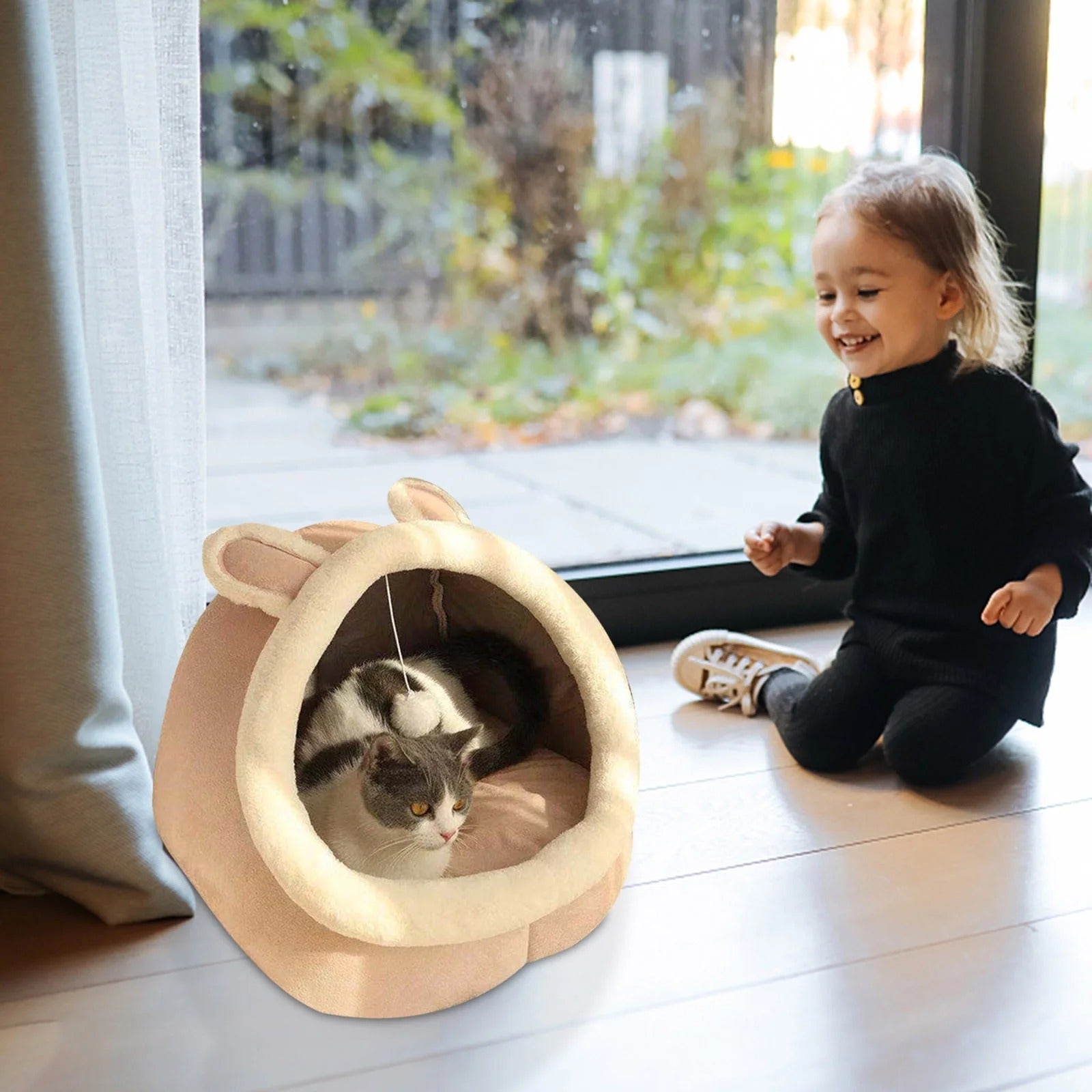 Cozy Cat Bed House for Indoor Cats, Plush Pet Cave Bed with Ears, Washable Cotton Cushion, Soft Winter Warm Sleeping Sofa for Kittens and Small Cats 15 x 14 x 13 Inch Pink