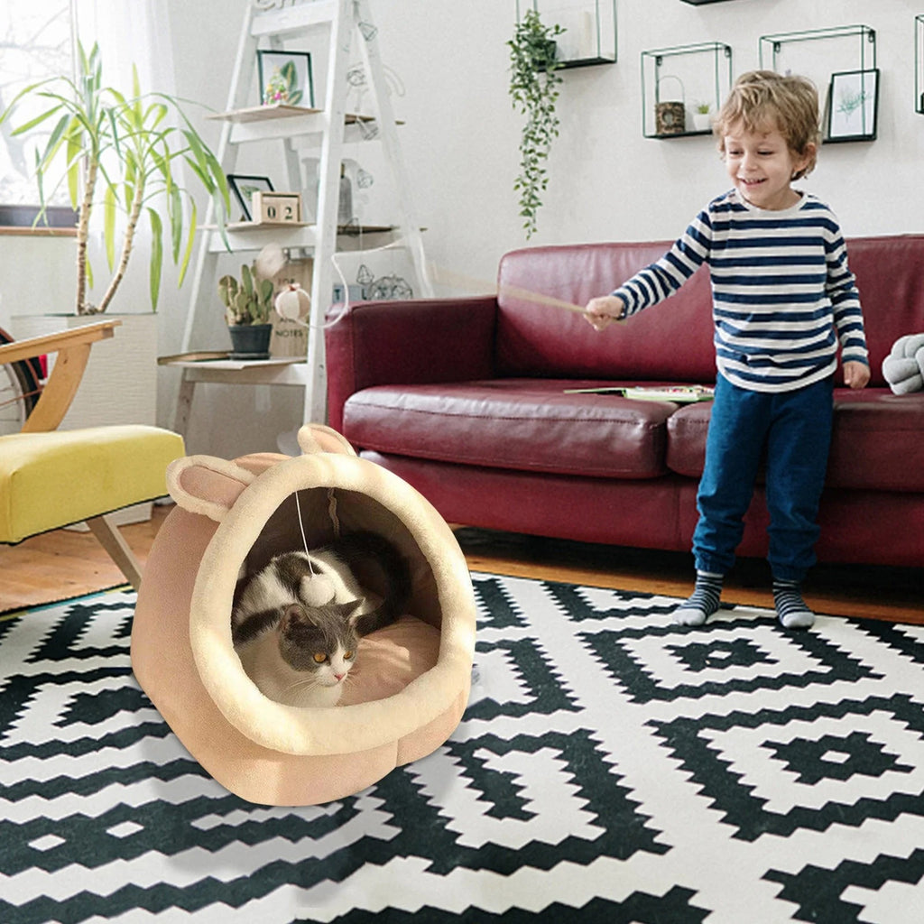 Cozy Cat Bed House for Indoor Cats, Plush Pet Cave Bed with Ears, Washable Cotton Cushion, Soft Winter Warm Sleeping Sofa for Kittens and Small Cats 15 x 14 x 13 Inch Pink