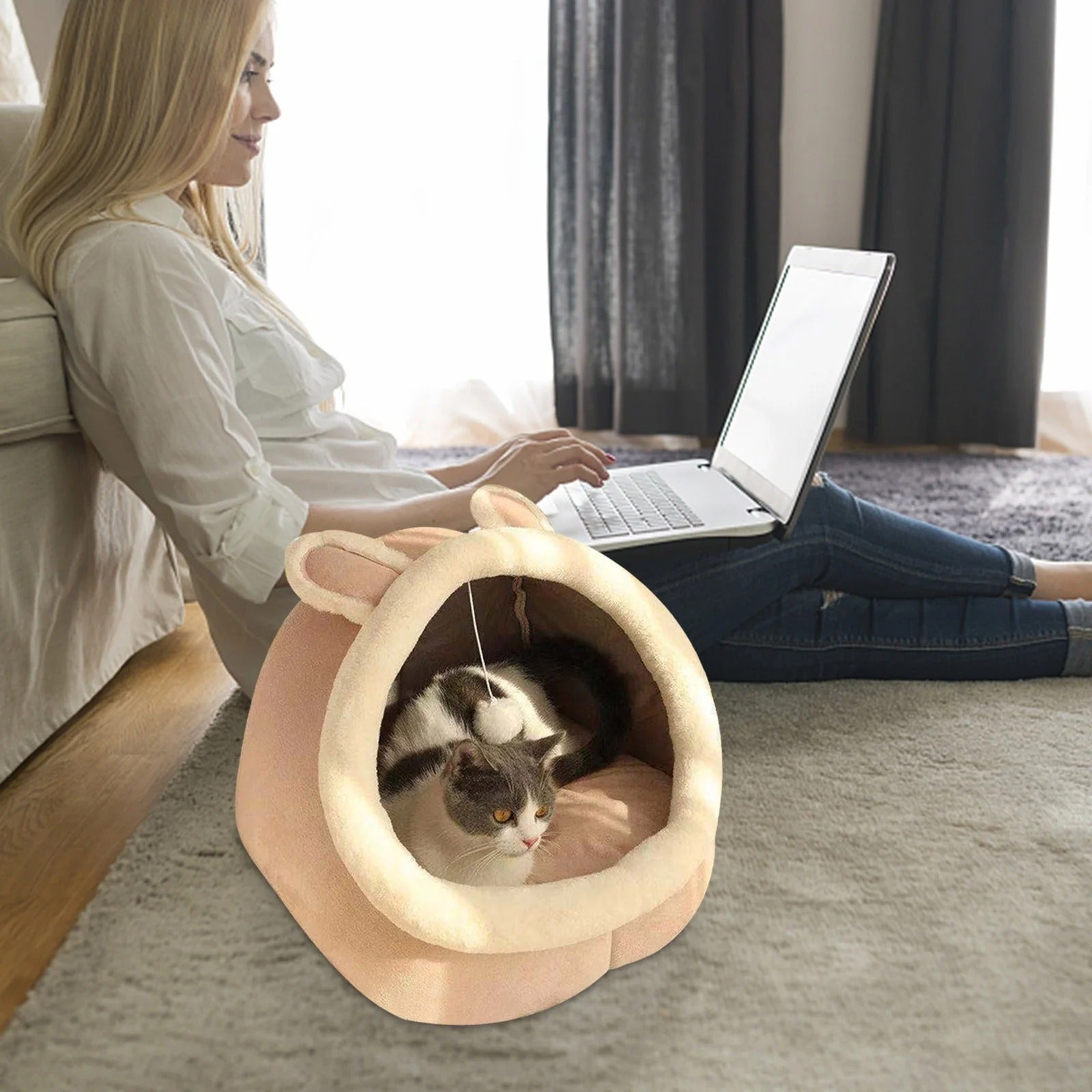 Cozy Cat Bed House for Indoor Cats, Plush Pet Cave Bed with Ears, Washable Cotton Cushion, Soft Winter Warm Sleeping Sofa for Kittens and Small Cats 15 x 14 x 13 Inch Pink