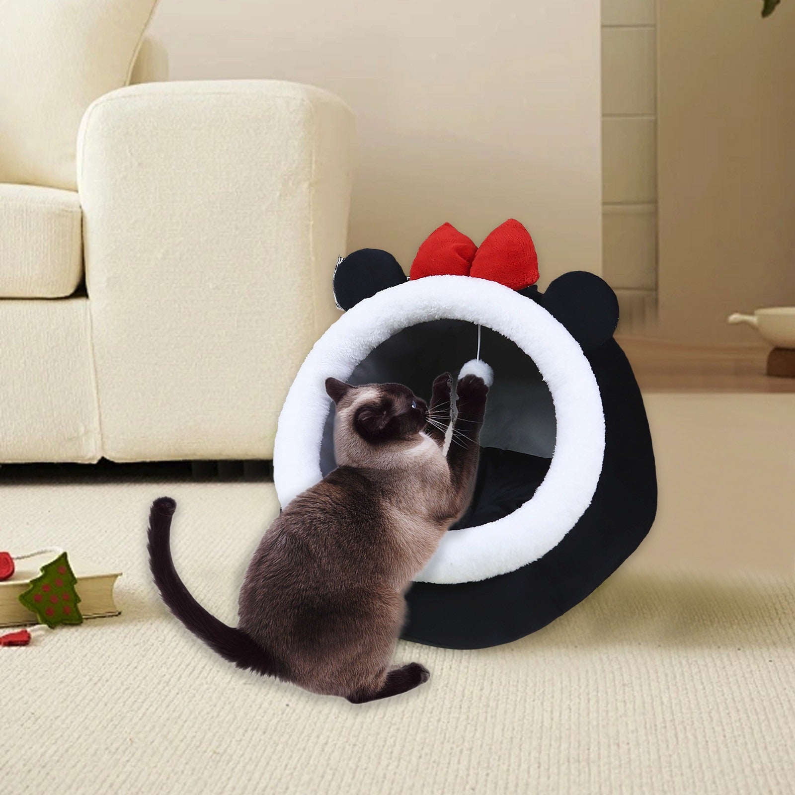 Semi-Enclosed Cat Bed for Indoor Cats, Cozy Plush Cat Cave with Soft Premium Cotton Cushion, Lightweight Portable Pet Sleeping Bed for Kittens, Small Cats and Small Dogs 30x30x28cm Multicolor