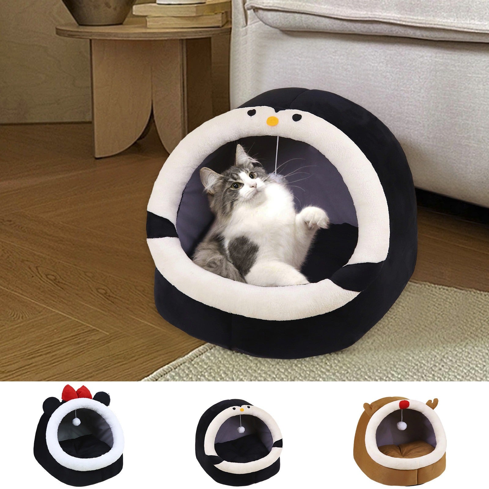Semi-Enclosed Cat Bed for Indoor Cats, Cozy Plush Cat Cave with Soft Premium Cotton Cushion, Lightweight Portable Pet Sleeping Bed for Kittens, Small Cats and Small Dogs 30x30x28cm Multicolor