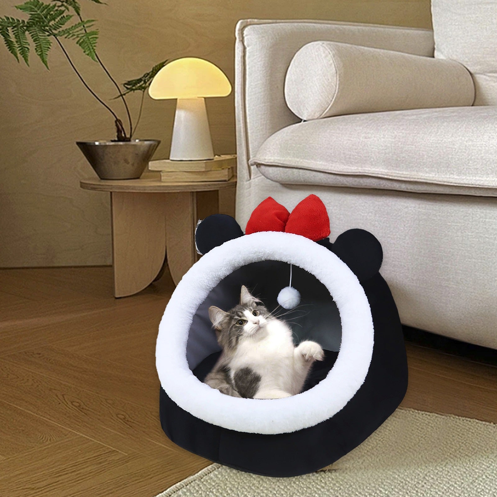 Semi-Enclosed Cat Bed for Indoor Cats, Cozy Plush Cat Cave with Soft Premium Cotton Cushion, Lightweight Portable Pet Sleeping Bed for Kittens, Small Cats and Small Dogs 30x30x28cm Multicolor