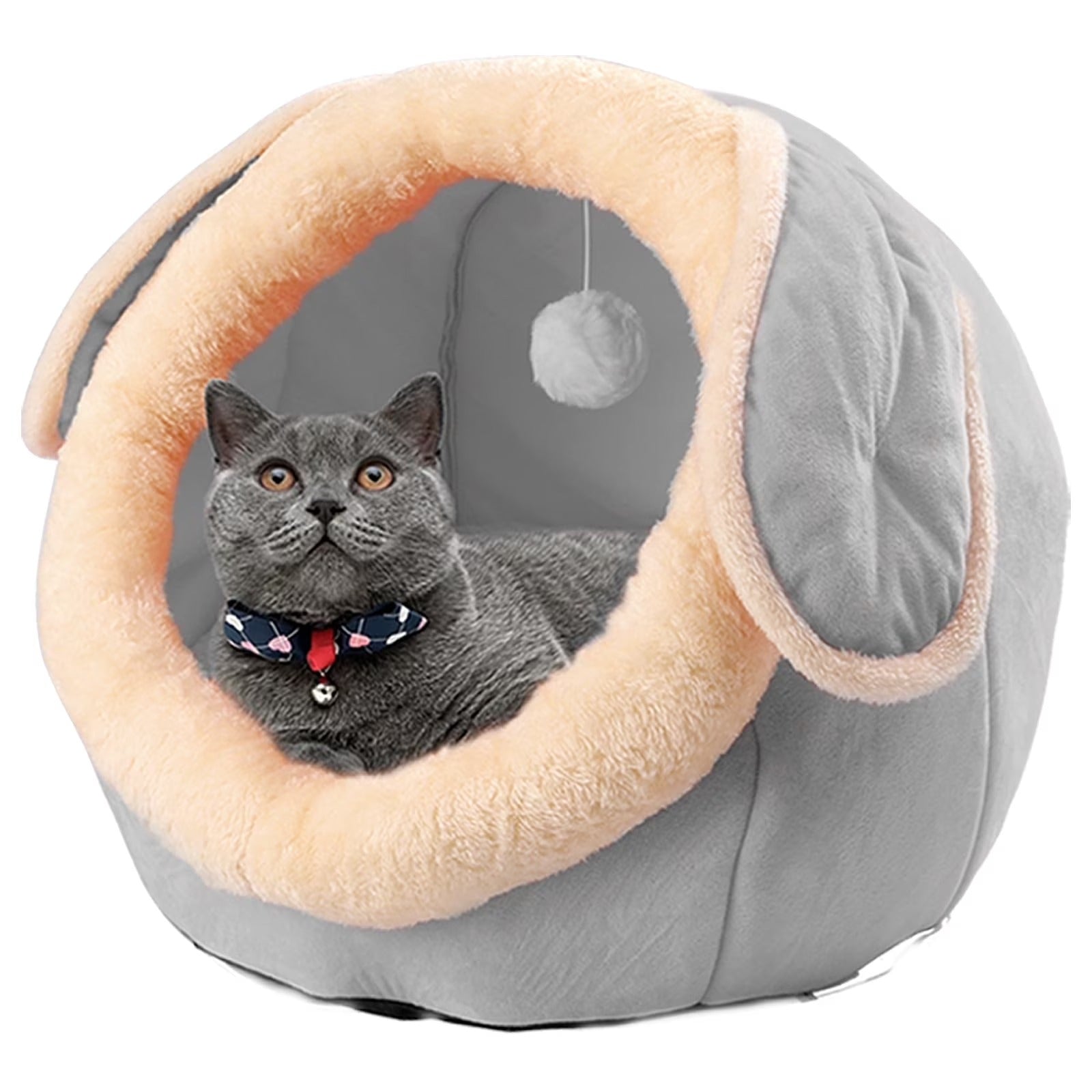 Plush Cat Bed Cave for Small and Medium Indoor Cats and Dogs, Soft Enclosed Pet House with Bunny Ears and Cushion, Non-Slip Cozy Sleeping Bed for Kittens, Puppies and Small Pets 15"x15"x15" Gray