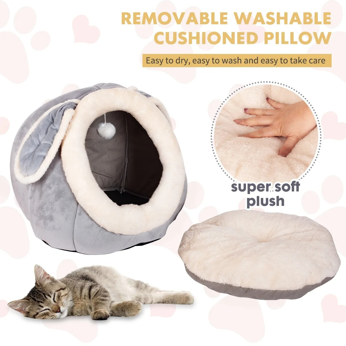 Plush Cat Bed Cave for Small and Medium Indoor Cats and Dogs, Soft Enclosed Pet House with Bunny Ears and Cushion, Non-Slip Cozy Sleeping Bed for Kittens, Puppies and Small Pets 15"x15"x15" Gray