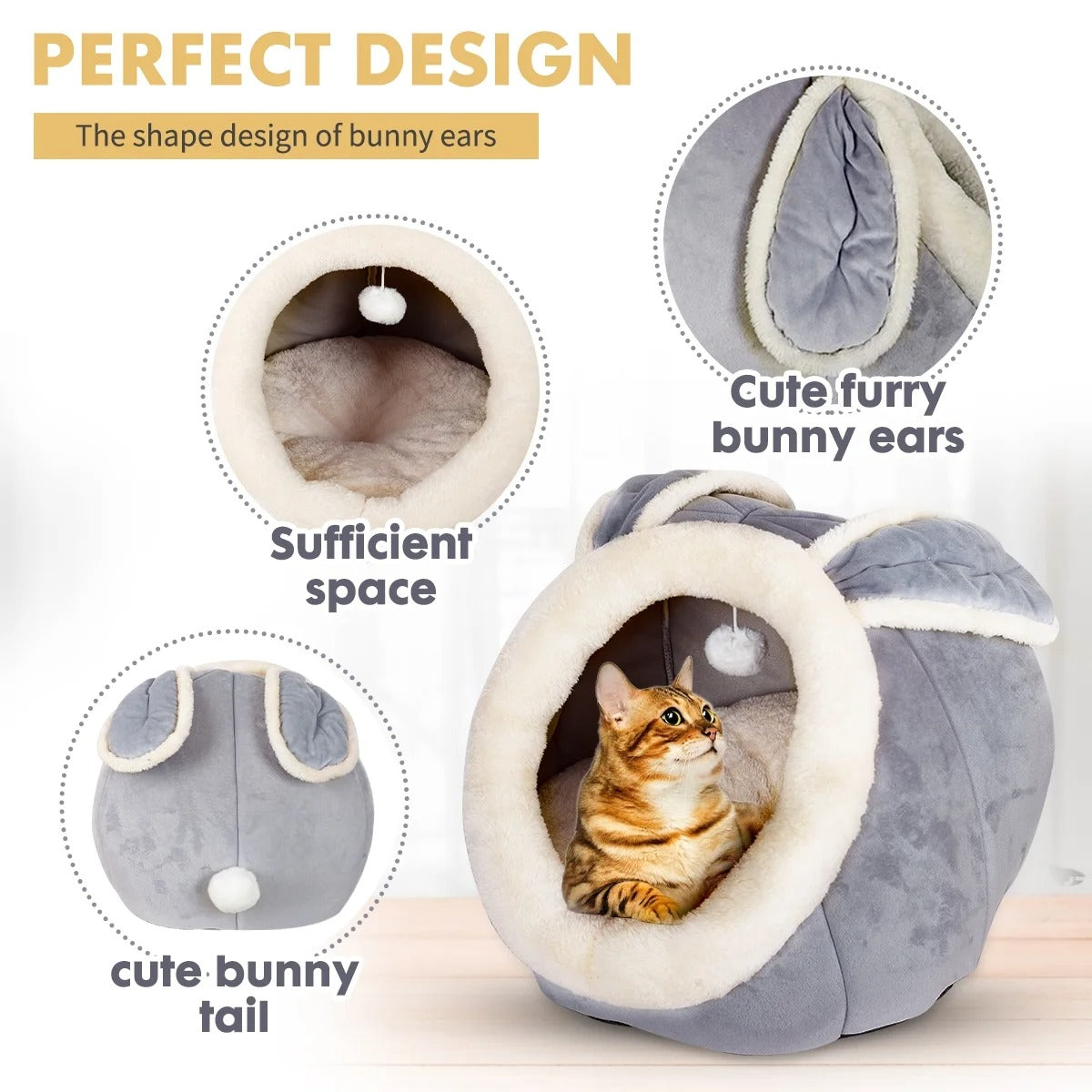 Plush Cat Bed Cave for Small and Medium Indoor Cats and Dogs, Soft Enclosed Pet House with Bunny Ears and Cushion, Non-Slip Cozy Sleeping Bed for Kittens, Puppies and Small Pets 15"x15"x15" Gray