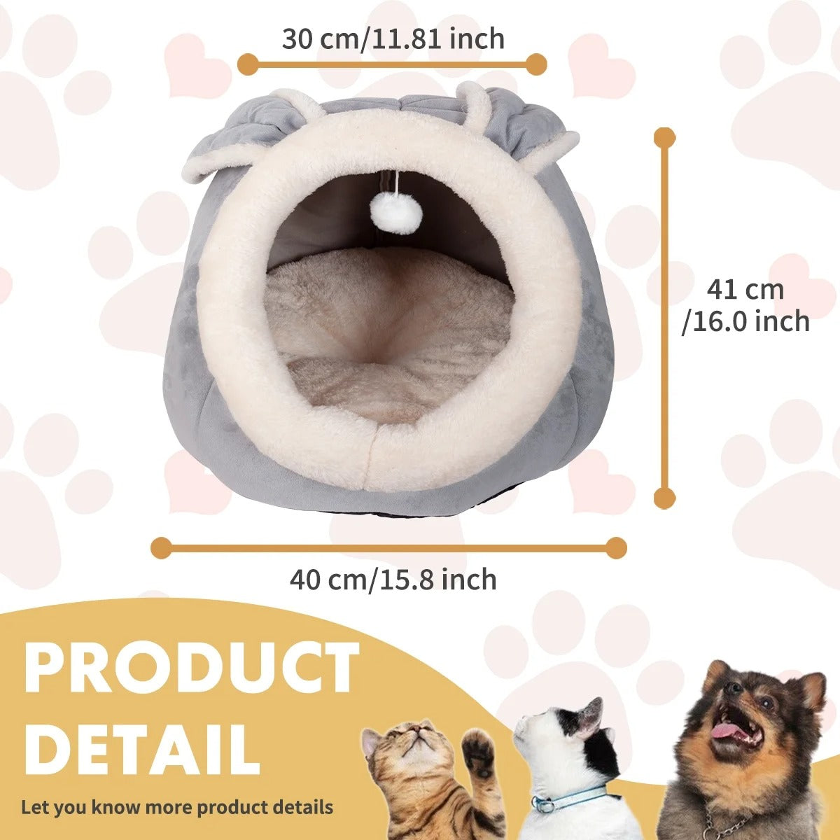 Plush Cat Bed Cave for Small and Medium Indoor Cats and Dogs, Soft Enclosed Pet House with Bunny Ears and Cushion, Non-Slip Cozy Sleeping Bed for Kittens, Puppies and Small Pets 15"x15"x15" Gray