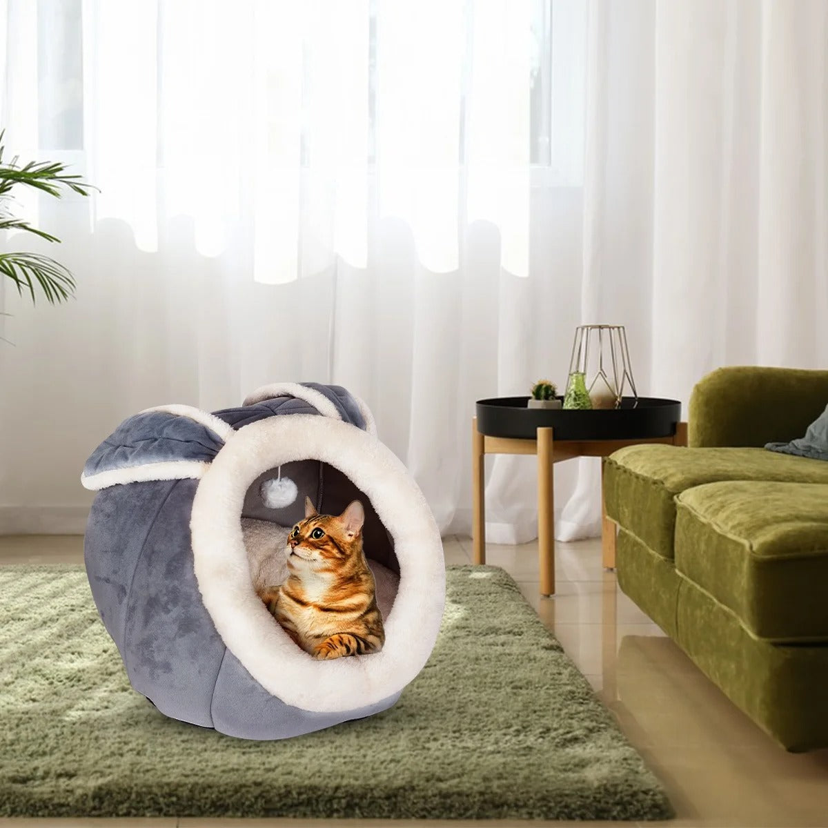 Plush Cat Bed Cave for Small and Medium Indoor Cats and Dogs, Soft Enclosed Pet House with Bunny Ears and Cushion, Non-Slip Cozy Sleeping Bed for Kittens, Puppies and Small Pets 15"x15"x15" Gray