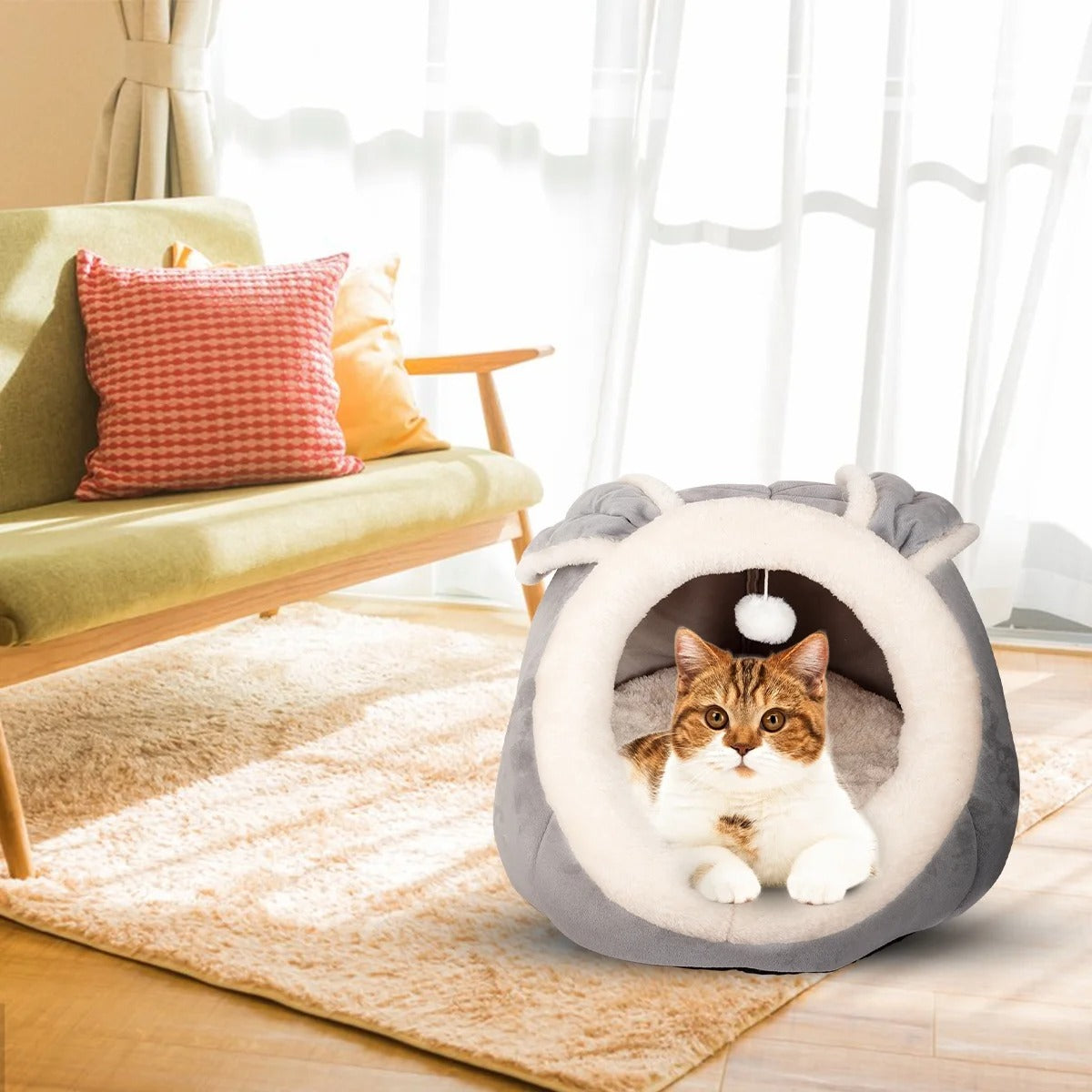 Plush Cat Bed Cave for Small and Medium Indoor Cats and Dogs, Soft Enclosed Pet House with Bunny Ears and Cushion, Non-Slip Cozy Sleeping Bed for Kittens, Puppies and Small Pets 15"x15"x15" Gray