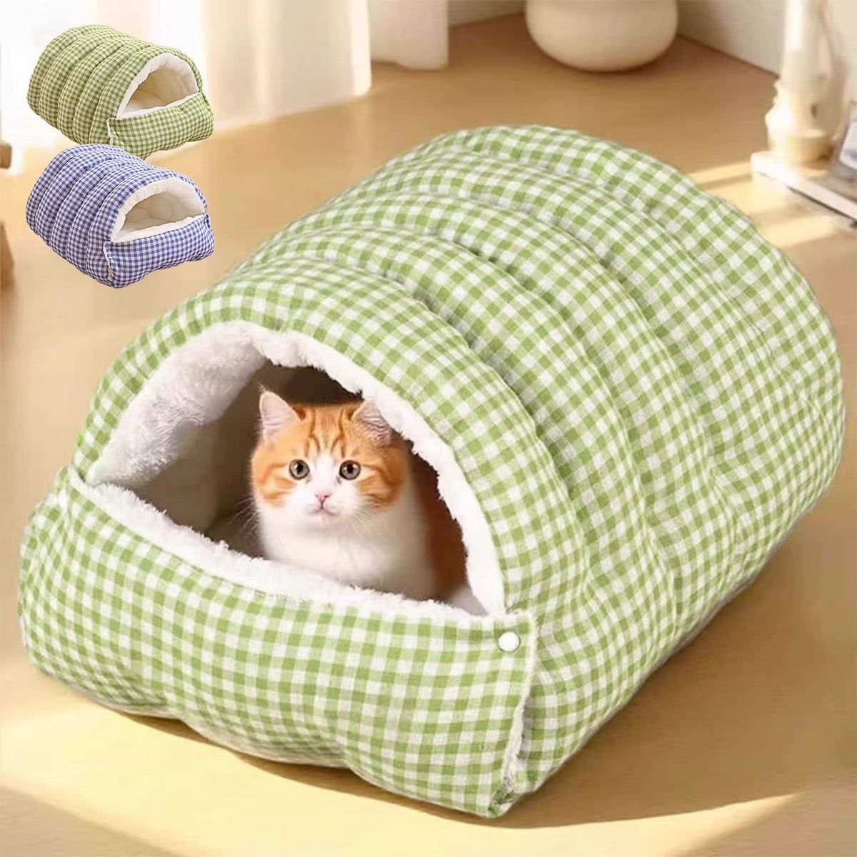 2PCS Semi-Enclosed Cat Beds for Indoor Cats, Plush Covered Cat Cave with Soft Detachable Cushion, Large Cozy Sleeping Space for Kittens, Small Cats and Small Dogs, Portable and Washable Pet Bed 30x30x28cm Multicolor