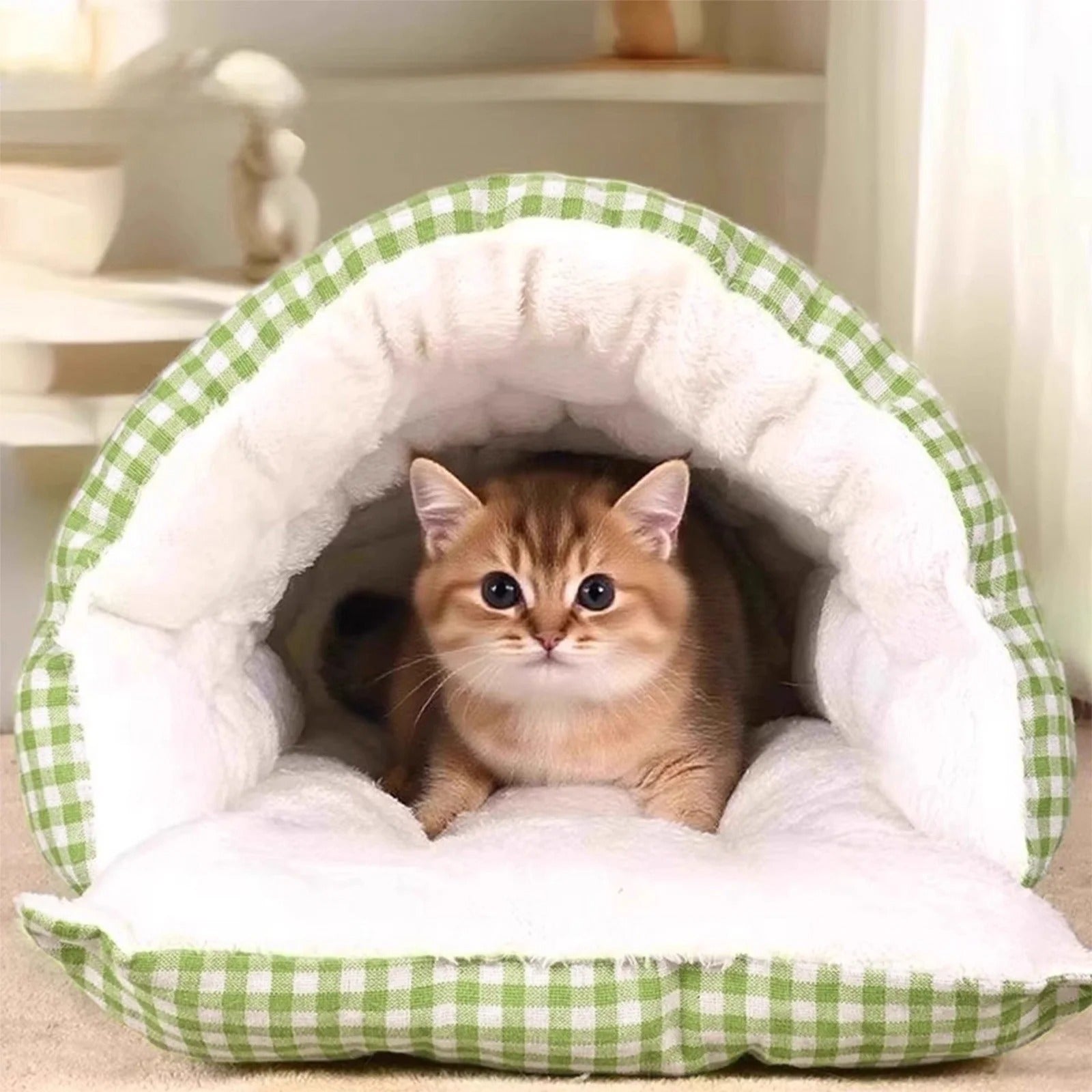2PCS Semi-Enclosed Cat Beds for Indoor Cats, Plush Covered Cat Cave with Soft Detachable Cushion, Large Cozy Sleeping Space for Kittens, Small Cats and Small Dogs, Portable and Washable Pet Bed 30x30x28cm Multicolor