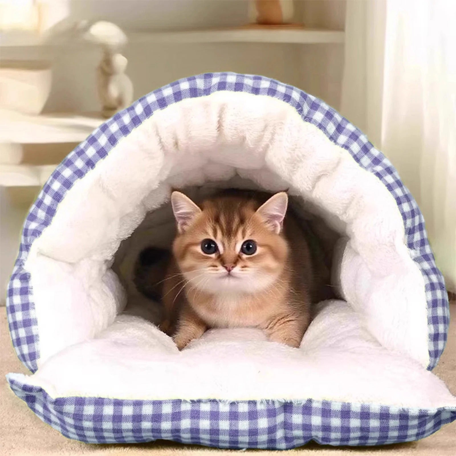 2PCS Semi-Enclosed Cat Beds for Indoor Cats, Plush Covered Cat Cave with Soft Detachable Cushion, Large Cozy Sleeping Space for Kittens, Small Cats and Small Dogs, Portable and Washable Pet Bed 30x30x28cm Multicolor