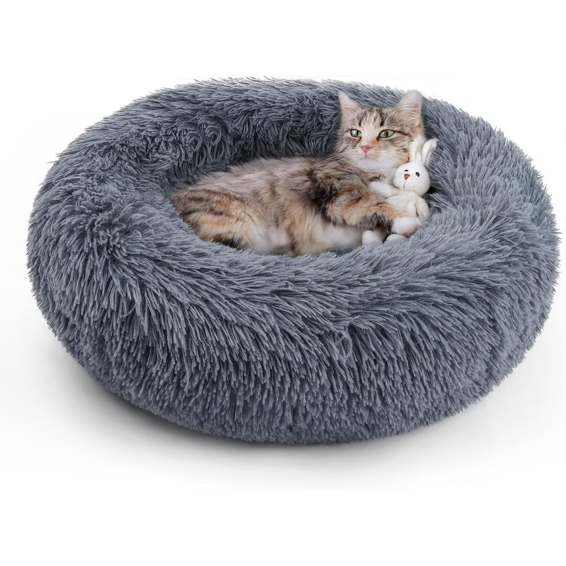 Fluffy Round Donut Cat Bed for Indoor Cats and Small Dogs, Self-Warming Plush Cuddler Cushion with Raised Rim for Comfort and Calming, Non-Slip Cozy Pet Sleeping Bed for Kittens and Small Pets, 20 Inches