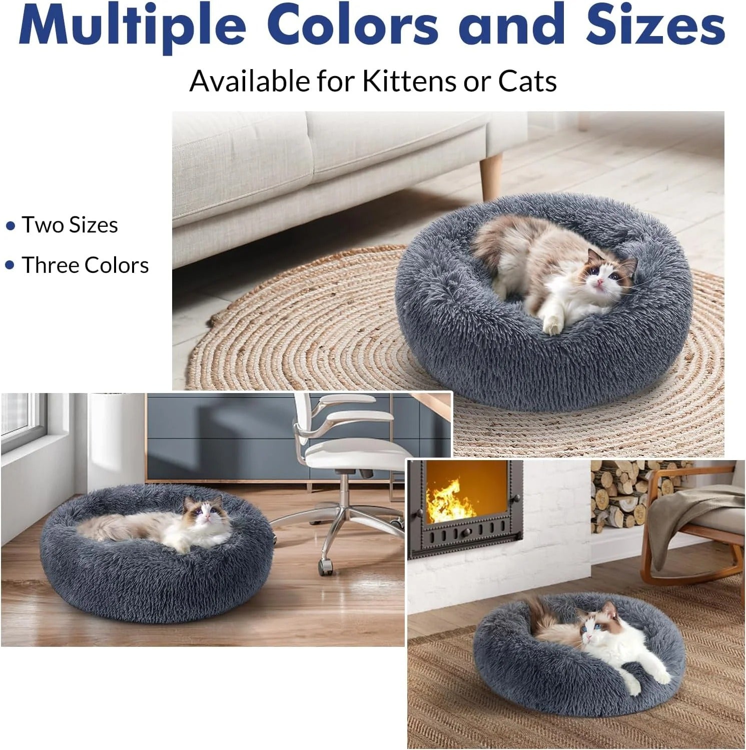 Fluffy Round Donut Cat Bed for Indoor Cats and Small Dogs, Self-Warming Plush Cuddler Cushion with Raised Rim for Comfort and Calming, Non-Slip Cozy Pet Sleeping Bed for Kittens and Small Pets, 20 Inches