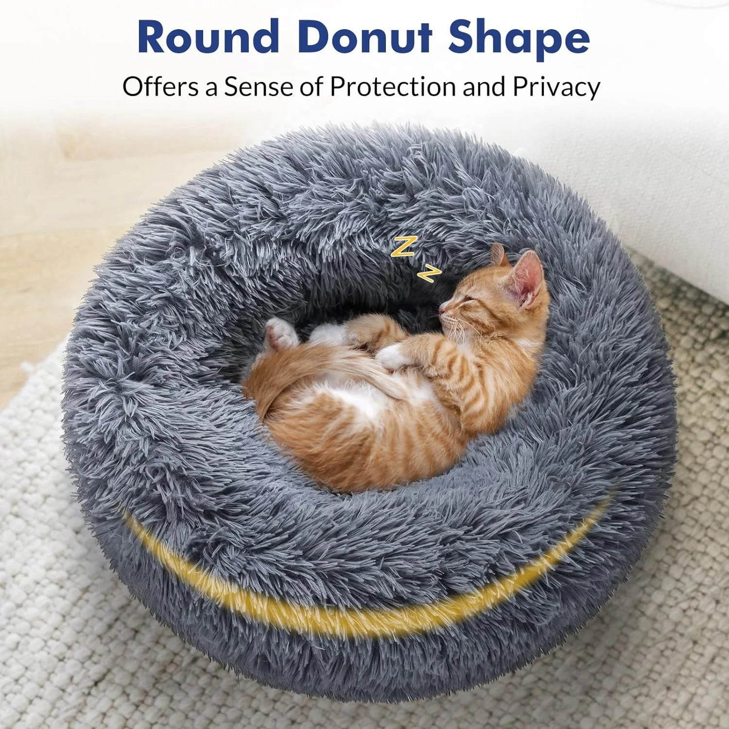 Fluffy Round Donut Cat Bed for Indoor Cats and Small Dogs, Self-Warming Plush Cuddler Cushion with Raised Rim for Comfort and Calming, Non-Slip Cozy Pet Sleeping Bed for Kittens and Small Pets, 20 Inches