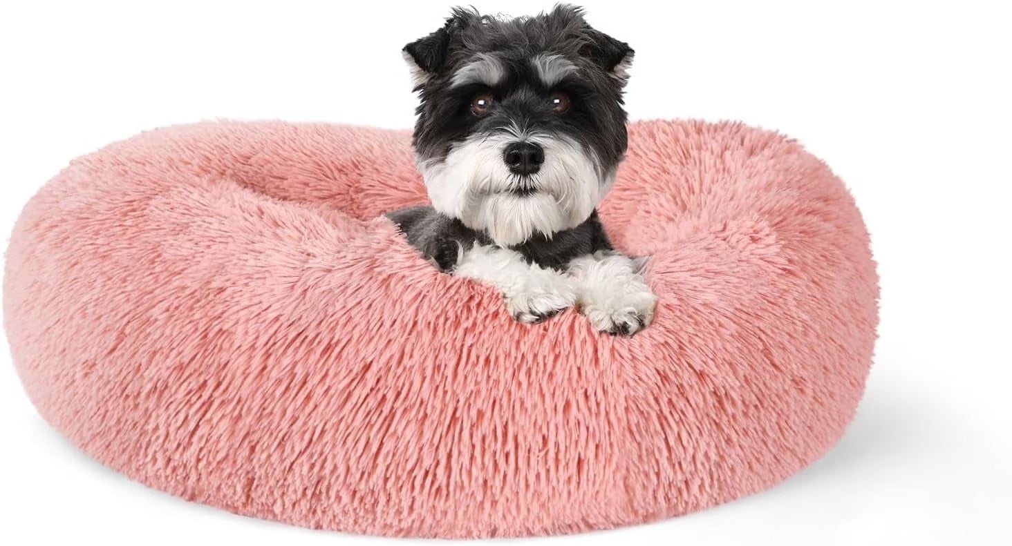 Fluffy Round Donut Cat Bed for Indoor Cats and Small Dogs, Self-Warming Plush Cuddler Cushion with Raised Rim for Comfort and Calming, Non-Slip Cozy Pet Sleeping Bed for Kittens and Small Pets, 20 Inches