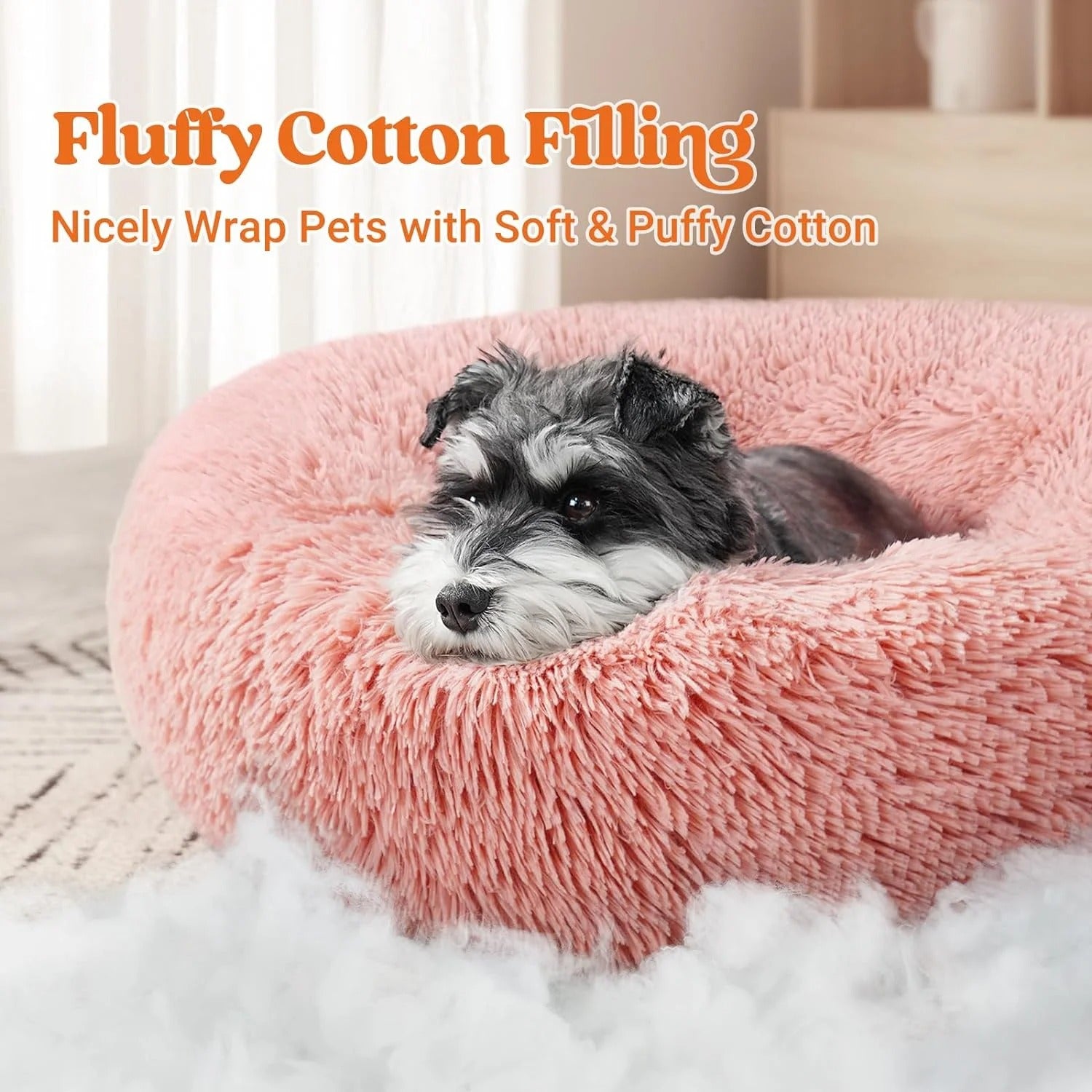 Fluffy Round Donut Cat Bed for Indoor Cats and Small Dogs, Self-Warming Plush Cuddler Cushion with Raised Rim for Comfort and Calming, Non-Slip Cozy Pet Sleeping Bed for Kittens and Small Pets, 20 Inches