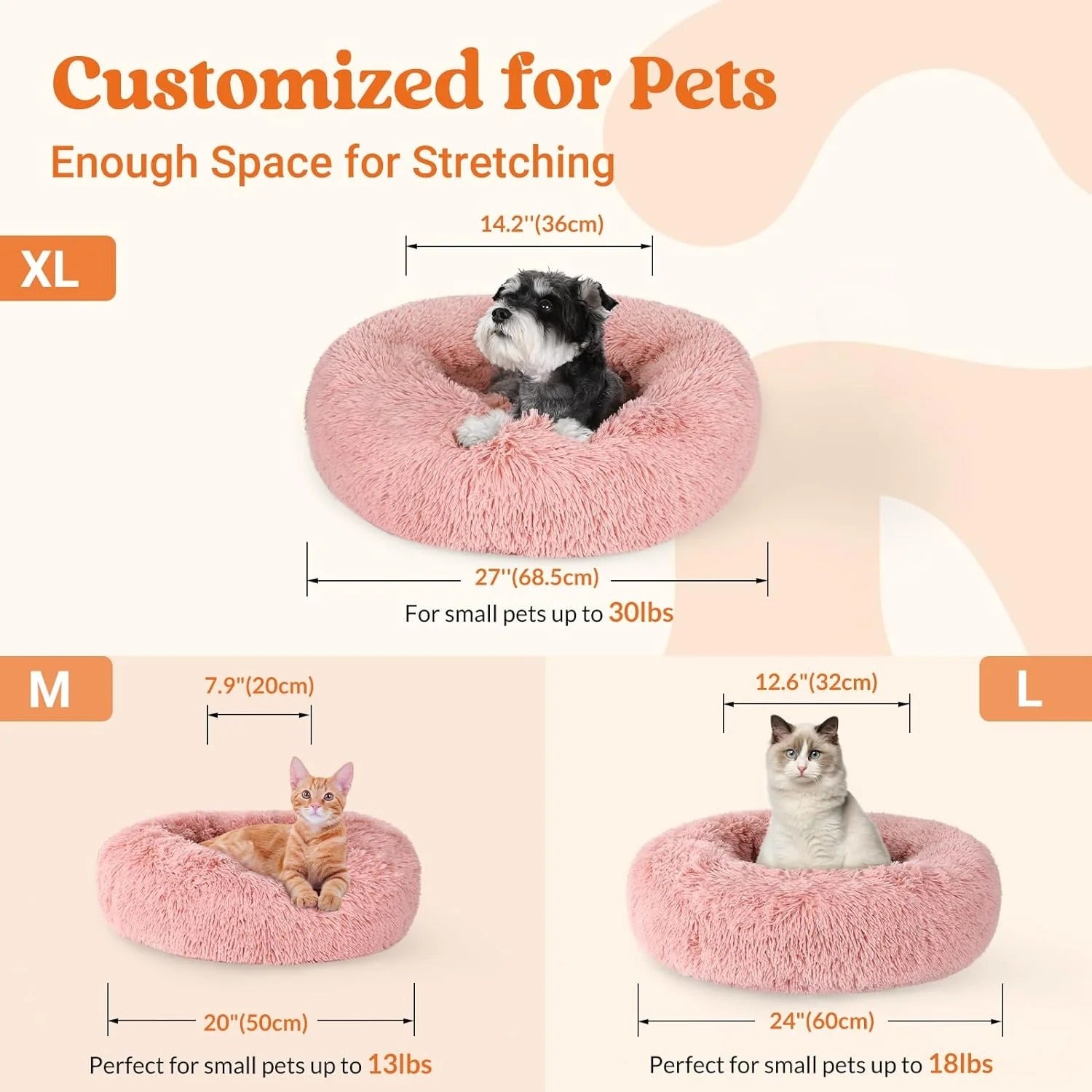 Fluffy Round Donut Cat Bed for Indoor Cats and Small Dogs, Self-Warming Plush Cuddler Cushion with Raised Rim for Comfort and Calming, Non-Slip Cozy Pet Sleeping Bed for Kittens and Small Pets, 20 Inches