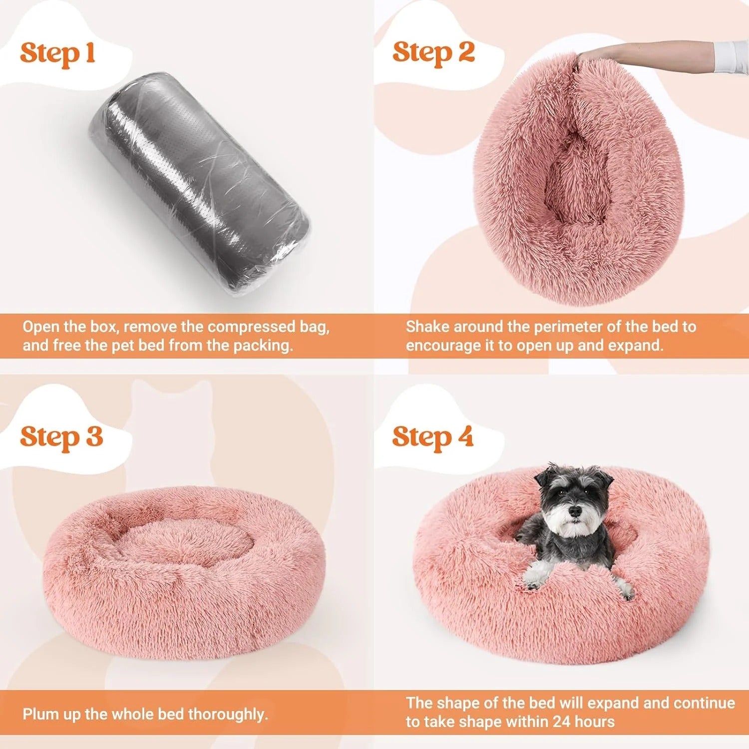 Fluffy Round Donut Cat Bed for Indoor Cats and Small Dogs, Self-Warming Plush Cuddler Cushion with Raised Rim for Comfort and Calming, Non-Slip Cozy Pet Sleeping Bed for Kittens and Small Pets, 20 Inches