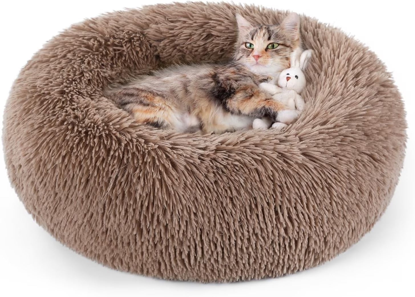 Fluffy Round Donut Cat Bed for Indoor Cats and Small Dogs, Self-Warming Plush Cuddler Cushion with Raised Rim for Comfort and Calming, Non-Slip Cozy Pet Sleeping Bed for Kittens and Small Pets, 20 Inches