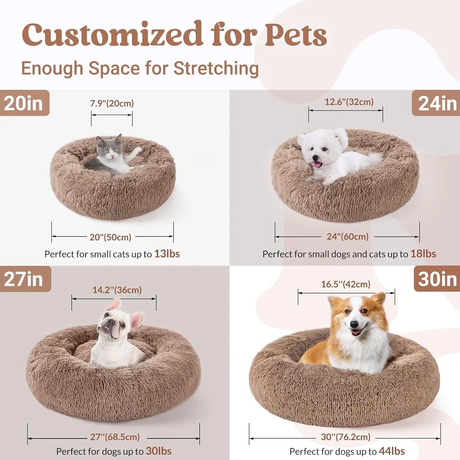 Fluffy Round Donut Cat Bed for Indoor Cats and Small Dogs, Self-Warming Plush Cuddler Cushion with Raised Rim for Comfort and Calming, Non-Slip Cozy Pet Sleeping Bed for Kittens and Small Pets, 20 Inches
