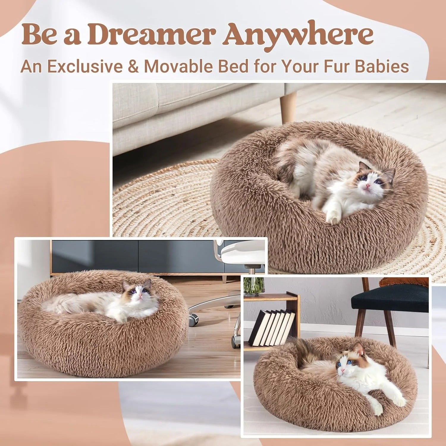 Fluffy Round Donut Cat Bed for Indoor Cats and Small Dogs, Self-Warming Plush Cuddler Cushion with Raised Rim for Comfort and Calming, Non-Slip Cozy Pet Sleeping Bed for Kittens and Small Pets, 20 Inches
