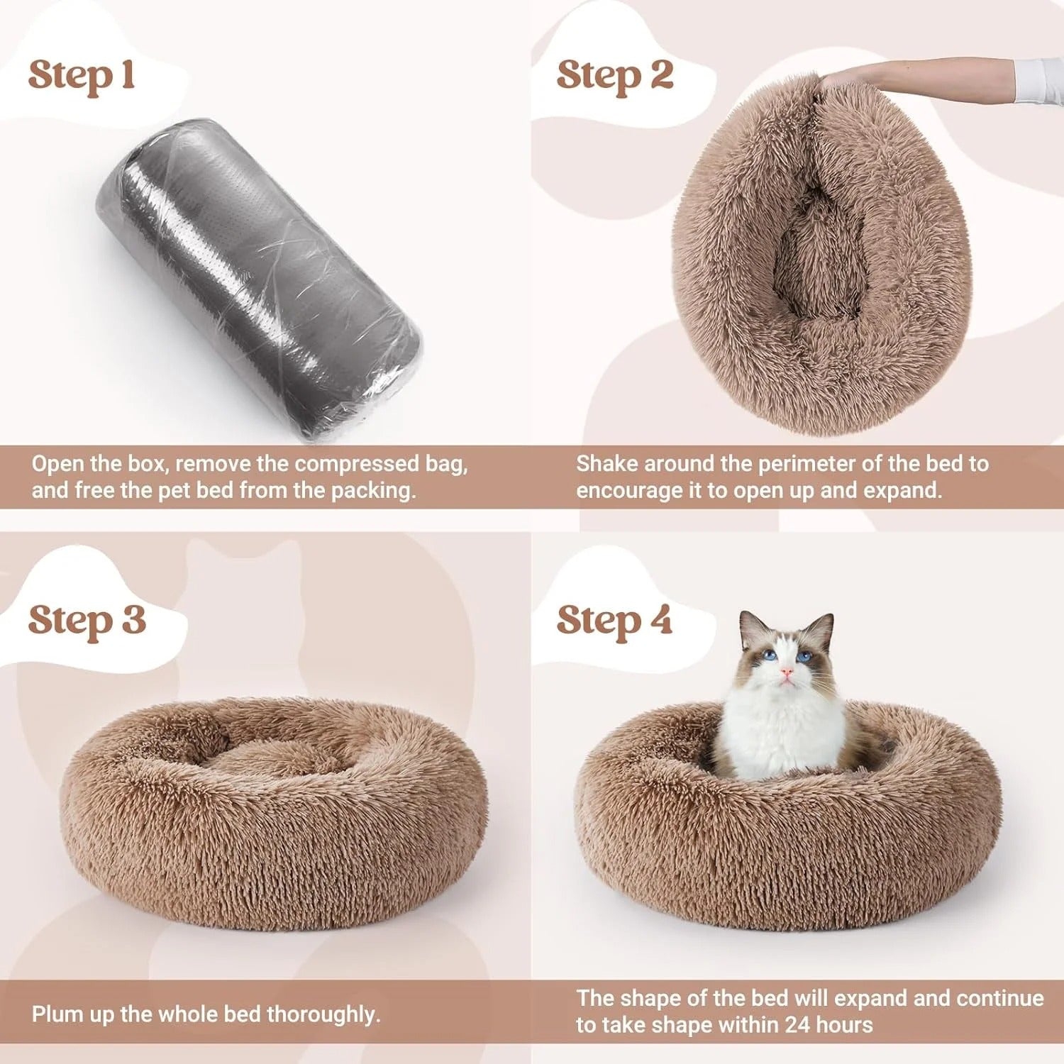 Fluffy Round Donut Cat Bed for Indoor Cats and Small Dogs, Self-Warming Plush Cuddler Cushion with Raised Rim for Comfort and Calming, Non-Slip Cozy Pet Sleeping Bed for Kittens and Small Pets, 20 Inches