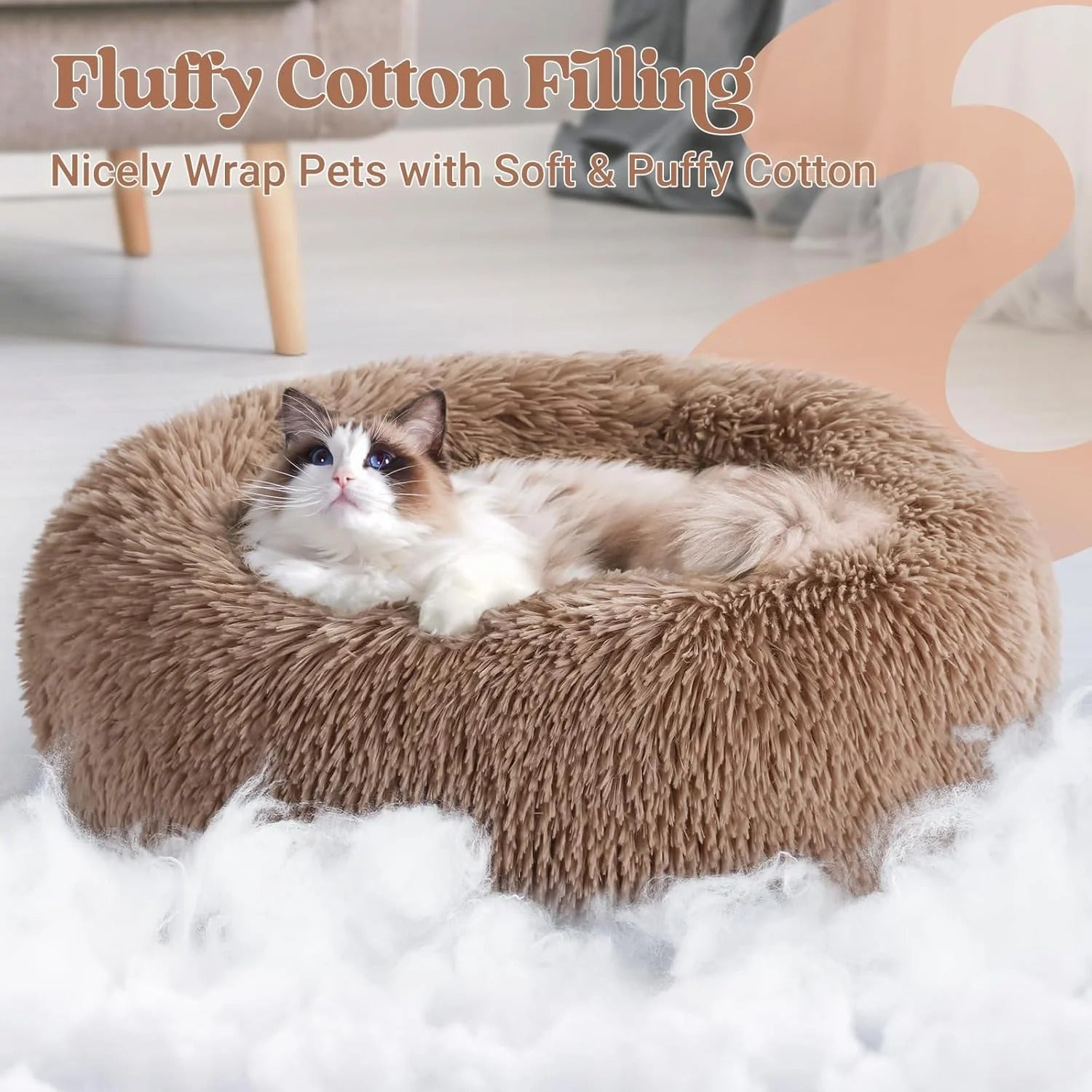 Fluffy Round Donut Cat Bed for Indoor Cats and Small Dogs, Self-Warming Plush Cuddler Cushion with Raised Rim for Comfort and Calming, Non-Slip Cozy Pet Sleeping Bed for Kittens and Small Pets, 20 Inches