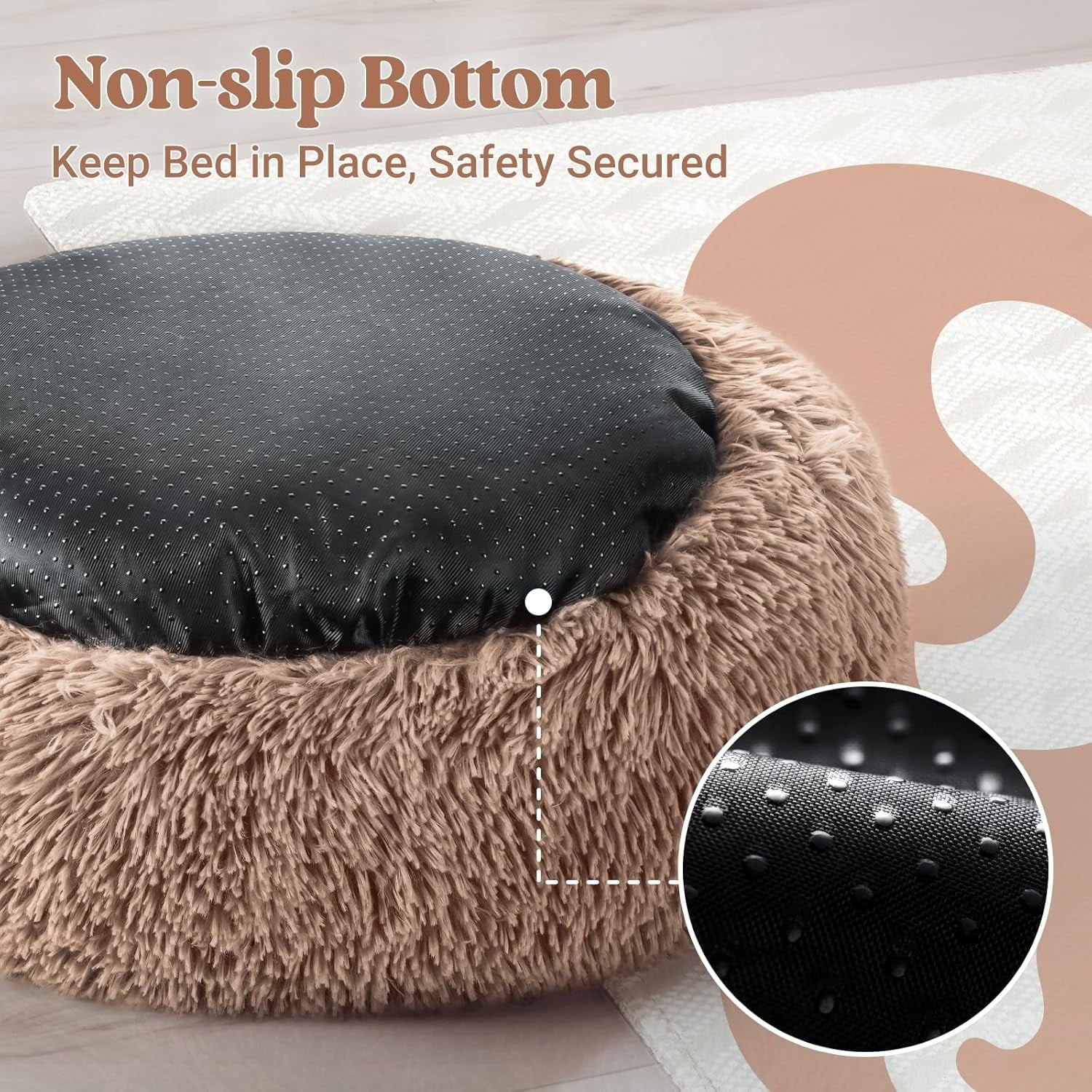 Fluffy Round Donut Cat Bed for Indoor Cats and Small Dogs, Self-Warming Plush Cuddler Cushion with Raised Rim for Comfort and Calming, Non-Slip Cozy Pet Sleeping Bed for Kittens and Small Pets, 20 Inches